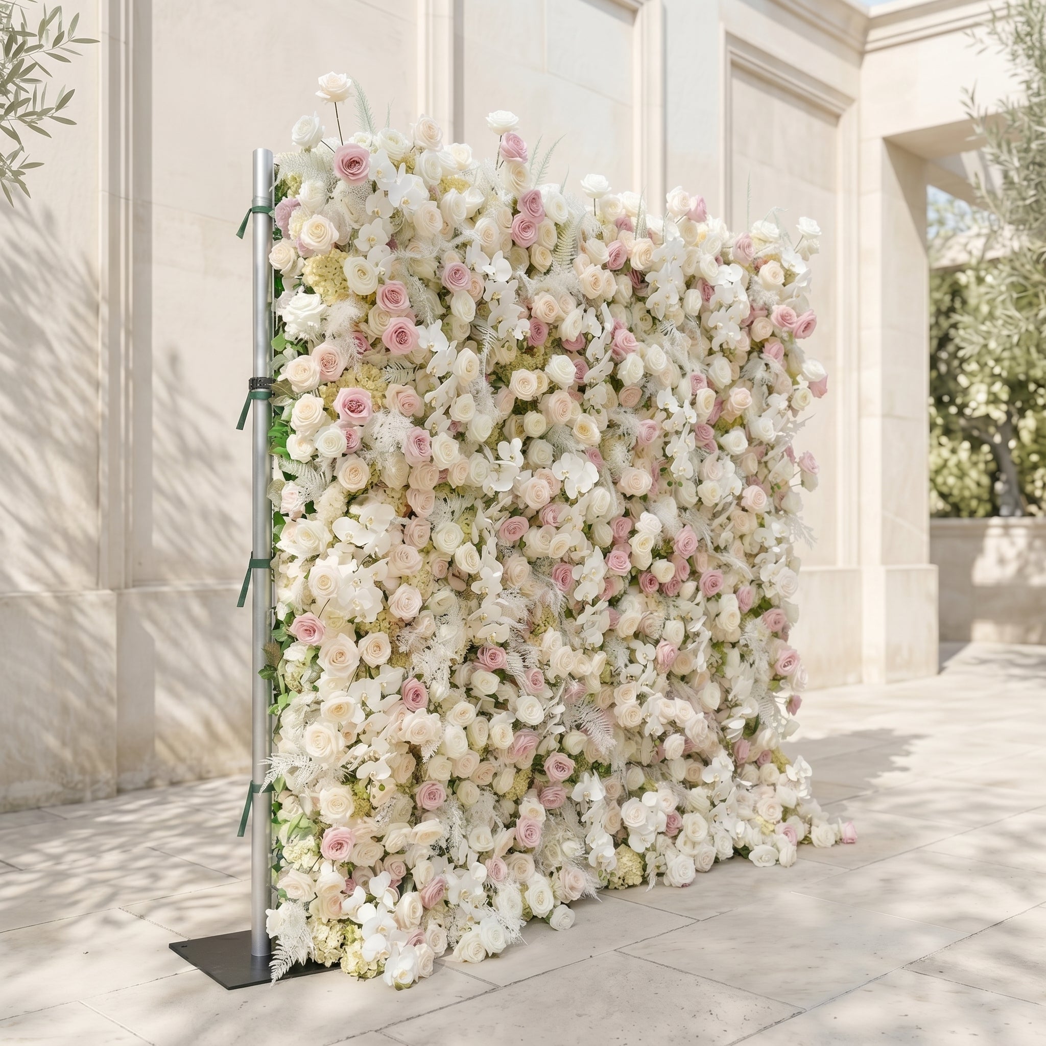 Mavenena:5D Neutral Cream Blush Pink &amp; Ivory White Silk Rose Flower Wall Roll-Up Fabric Backdrop for Romantic Weddings &amp; Proposals
