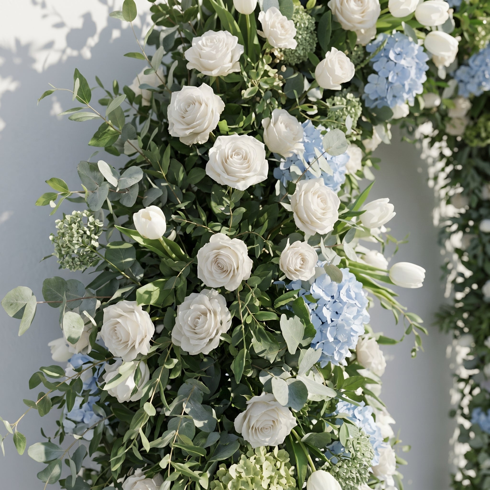 Mavenrella Flower Arch: Luxury Classic White&amp;Green Floral Arch with Light Blue Hydrangeas Flower Arch for Weddings&amp;Events Decoration Incuding Frame