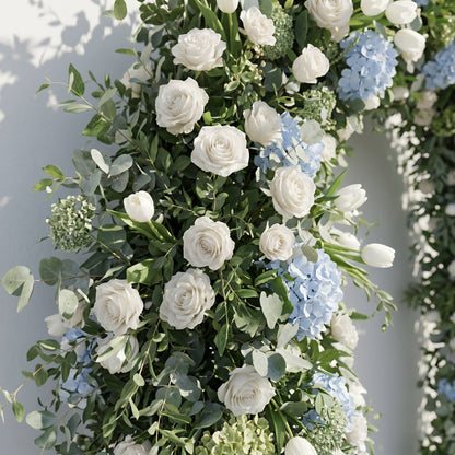 Mavenrella Flower Arch: Luxury Classic White&amp;Green Floral Arch with Light Blue Hydrangeas Flower Arch for Weddings&amp;Events Decoration Incuding Frame