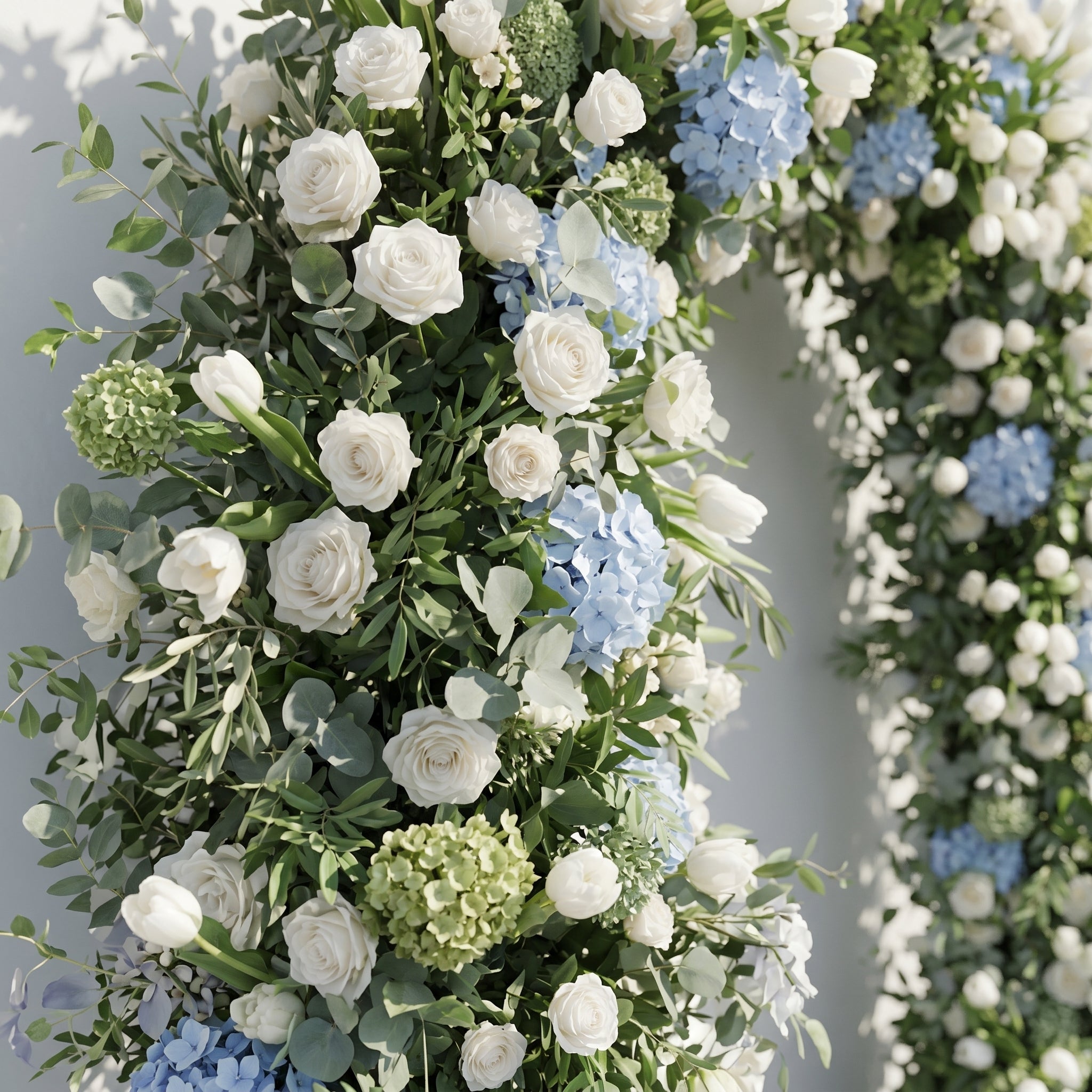 Mavenrella Flower Arch: Luxury Classic White&amp;Green Floral Arch with Light Blue Hydrangeas Flower Arch for Weddings&amp;Events Decoration Incuding Frame