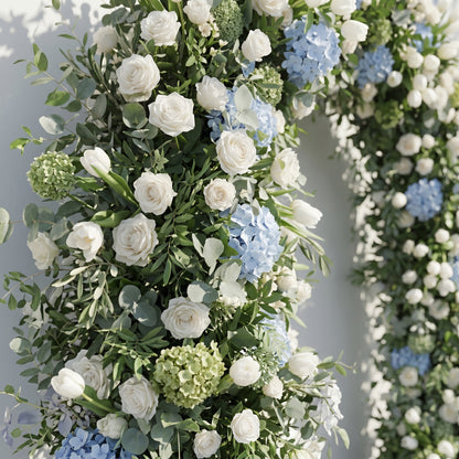 Mavenrella Flower Arch: Luxury Classic White&amp;Green Floral Arch with Light Blue Hydrangeas Flower Arch for Weddings&amp;Events Decoration Incuding Frame