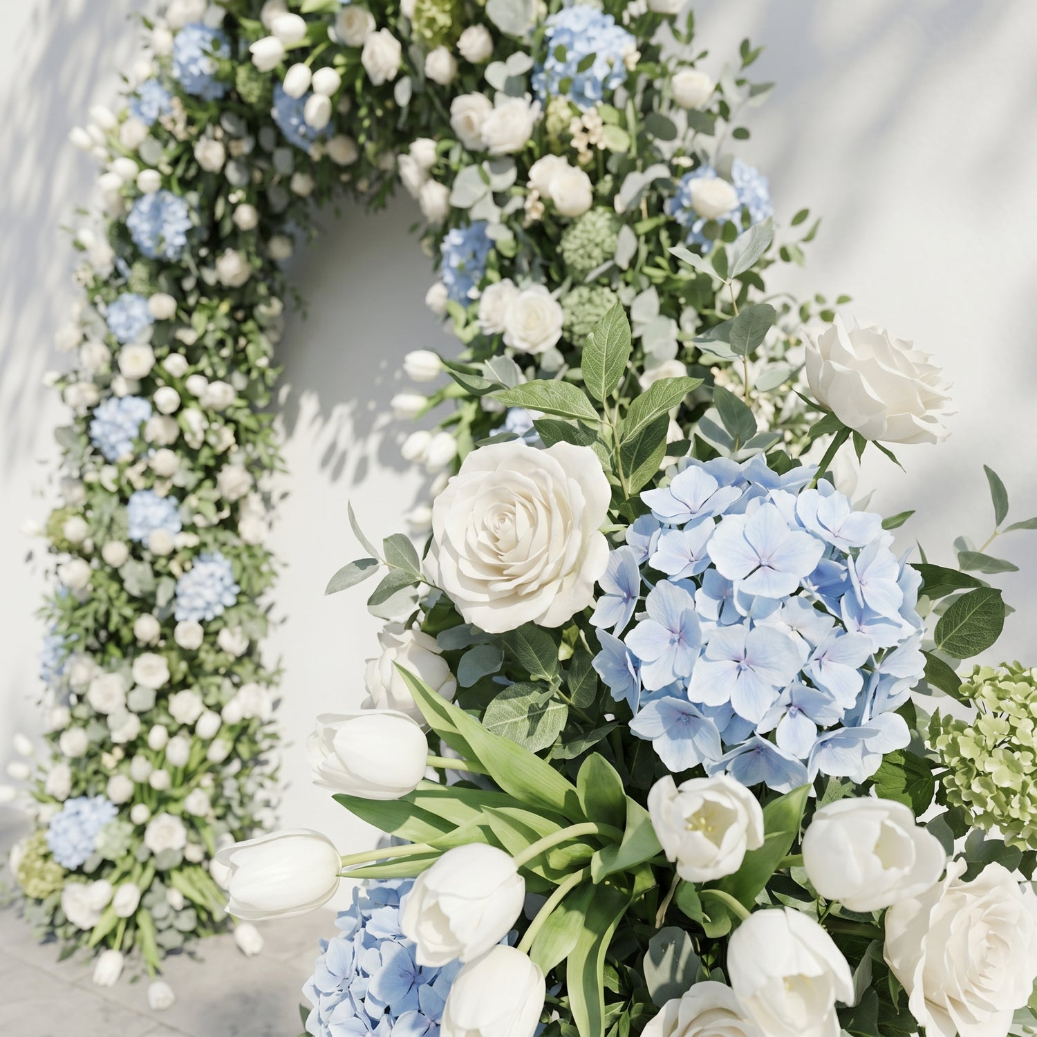 Mavenrella Flower Arch: Luxury Classic White&amp;Green Floral Arch with Light Blue Hydrangeas Flower Arch for Weddings&amp;Events Decoration Incuding Frame
