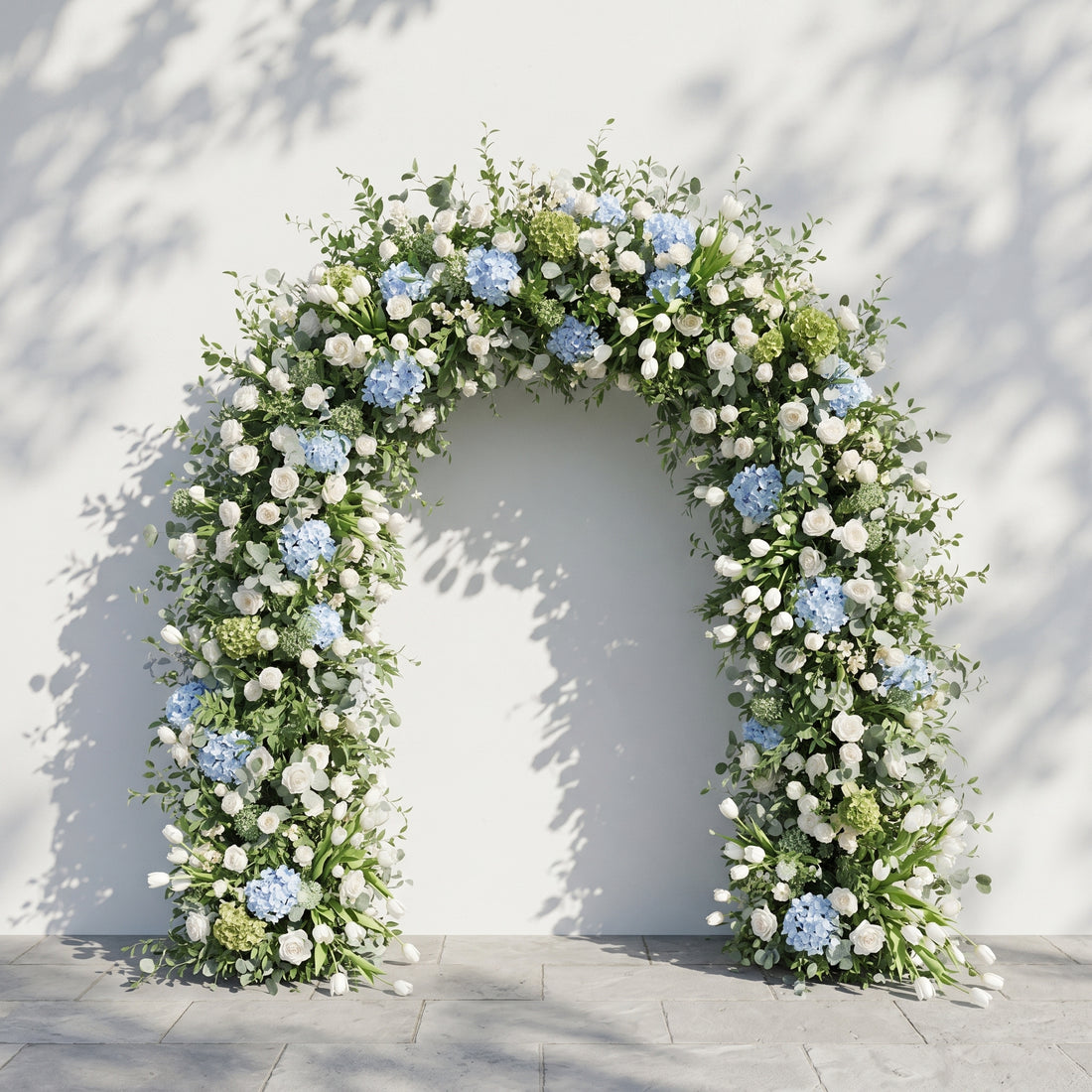 Mavenrella Flower Arch: Luxury Classic White&amp;Green Floral Arch with Light Blue Hydrangeas Flower Arch for Weddings&amp;Events Decoration Incuding Frame