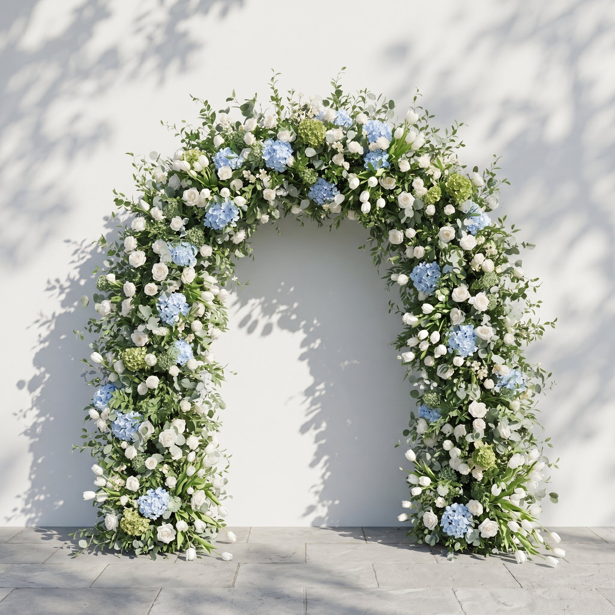Mavenrella Flower Arch: Luxury Classic White&amp;Green Floral Arch with Light Blue Hydrangeas Flower Arch for Weddings&amp;Events Decoration Incuding Frame
