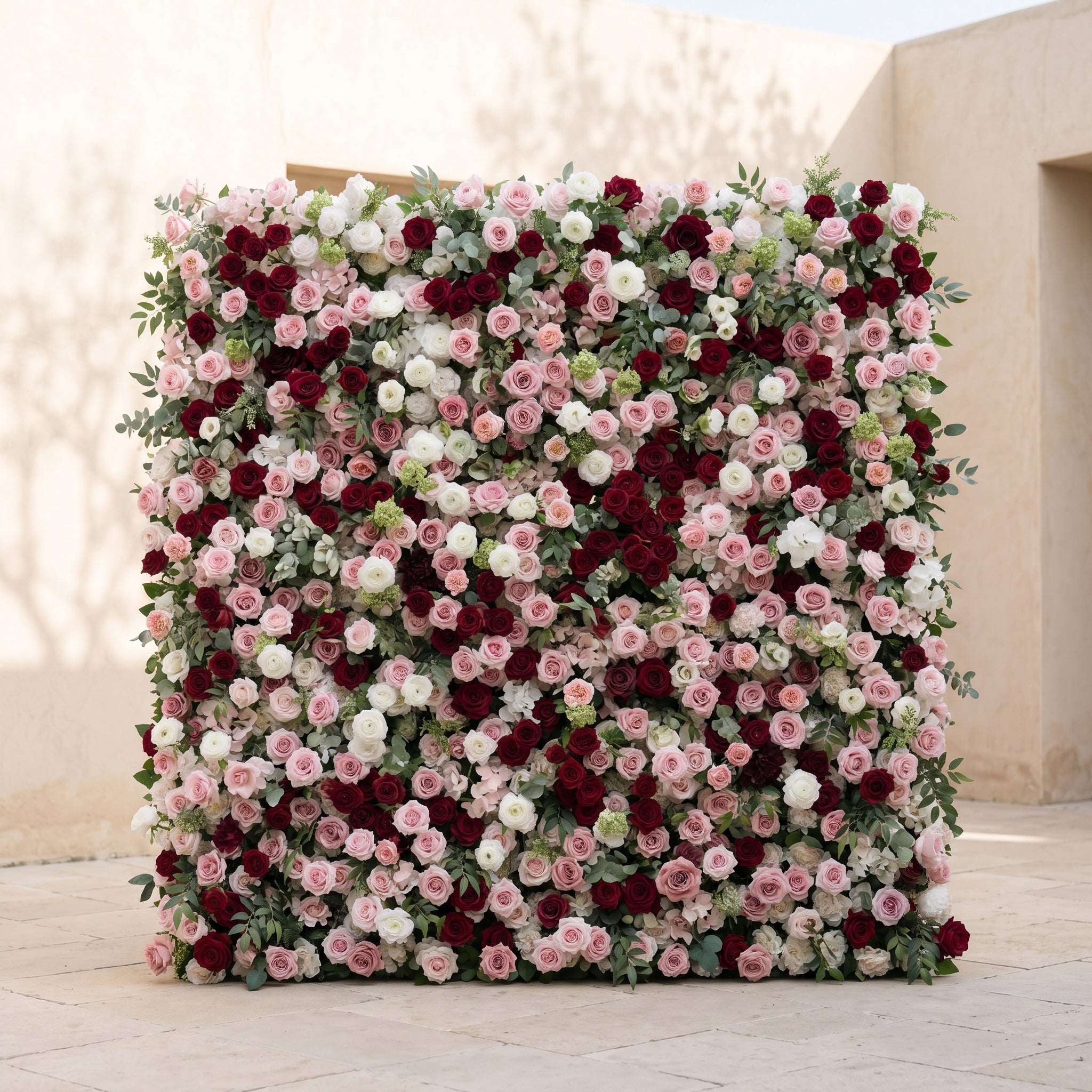 Mavenrella:5D Burgundy Red, Blush Pink &amp; Ivory White Silk Rose Flower Wall Roll-Up Fabric Backdrop for Romantic Weddings &amp; Proposals