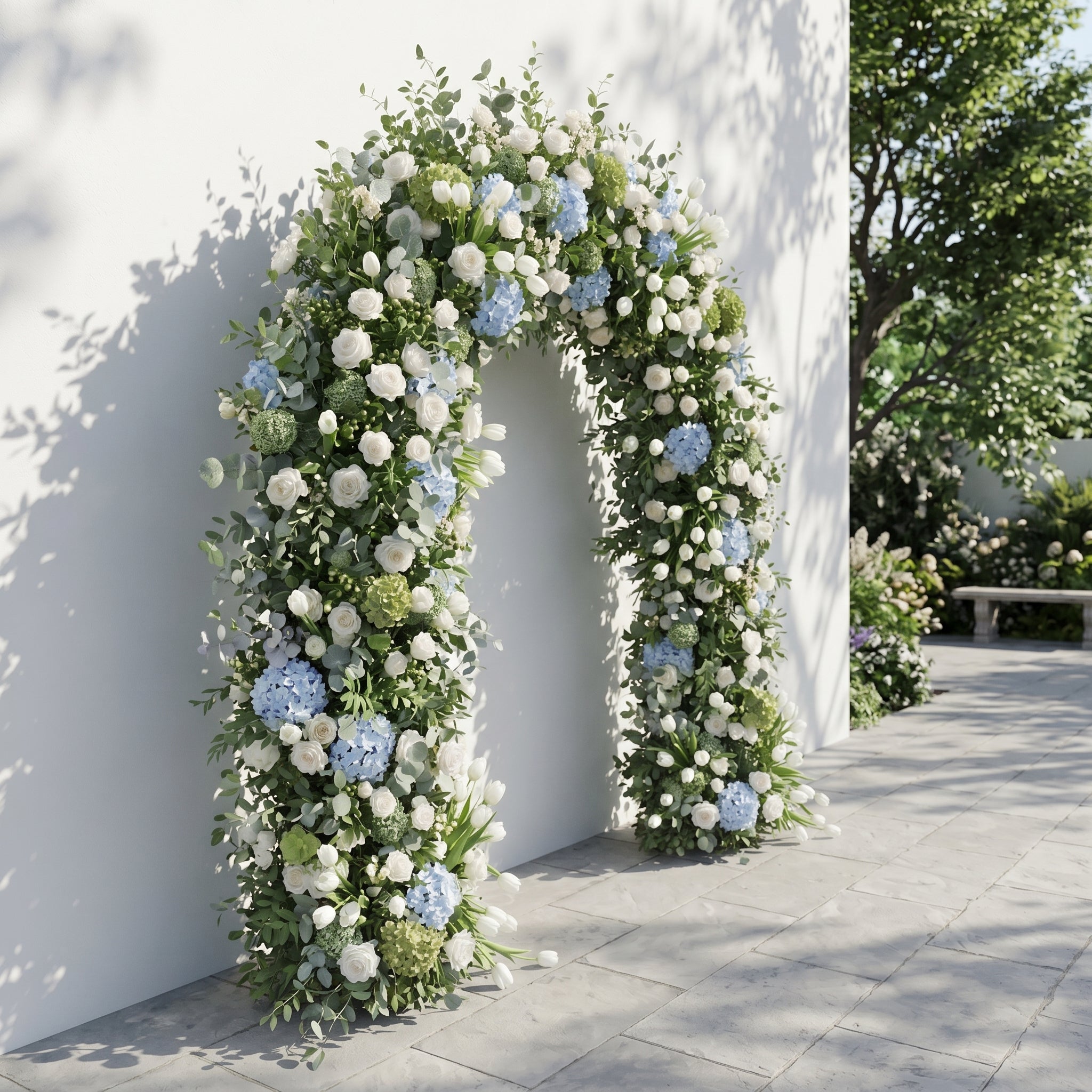 Mavenrella Flower Arch: Luxury Classic White&amp;Green Floral Arch with Light Blue Hydrangeas Flower Arch for Weddings&amp;Events Decoration Incuding Frame