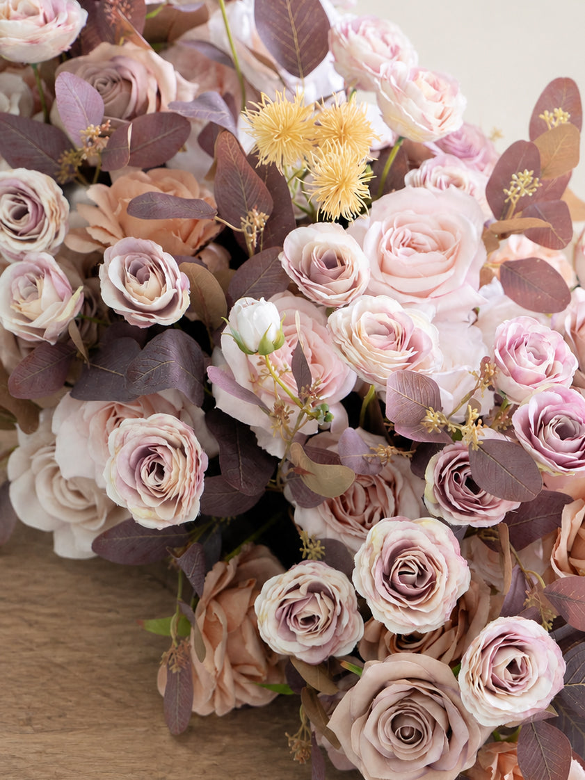 8′10″ Dusty Blush Cappuccino Rose, Spray Rose &amp; Smoky Tree Floral Table Centerpiece for Wedding Reception in Dusty Blush Reverie | Vera