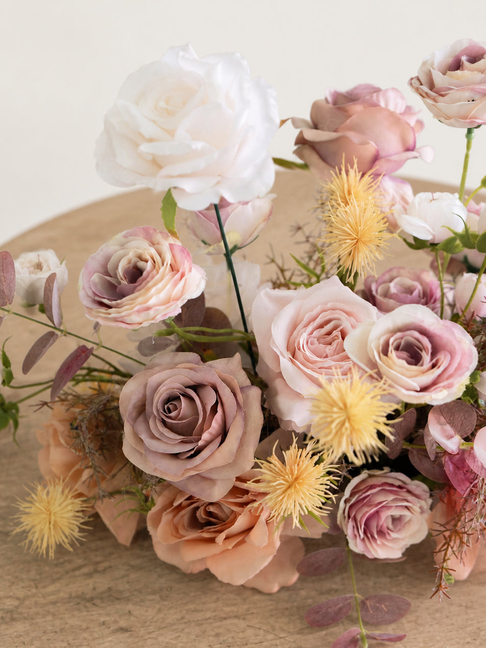 9" Dusty Blush Roses &amp; Autumn Eucalyptus Small Floral Centerpiece for Wedding Reception Guest Tables in Dusty Blush Reverie | Vera