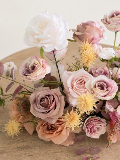 9" Dusty Blush Roses &amp; Autumn Eucalyptus Small Floral Centerpiece for Wedding Reception Guest Tables in Dusty Blush Reverie | Vera