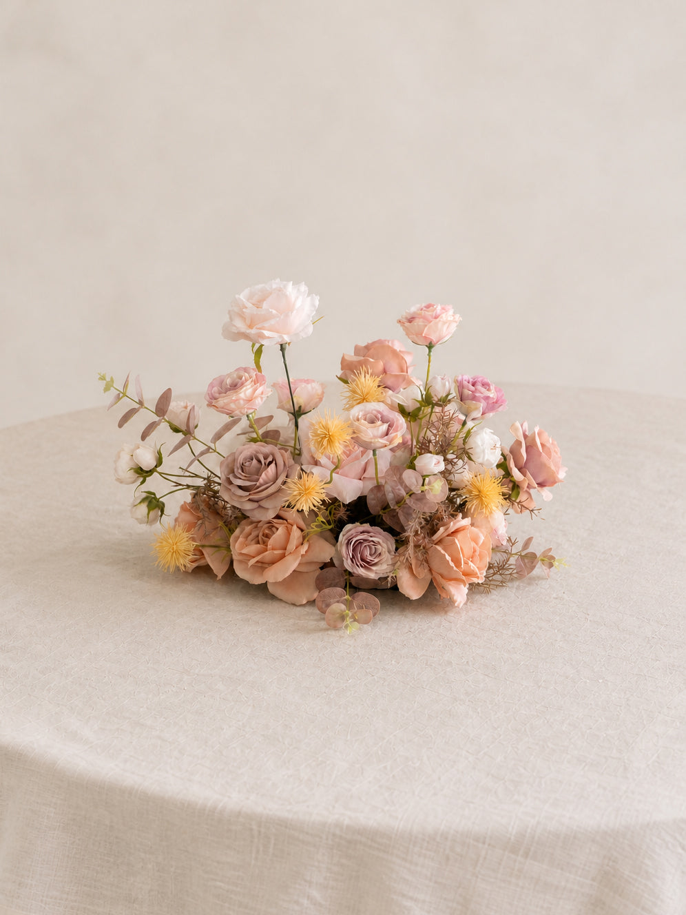 9" Dusty Blush Roses &amp; Autumn Eucalyptus Small Floral Centerpiece for Wedding Reception Guest Tables in Dusty Blush Reverie | Vera
