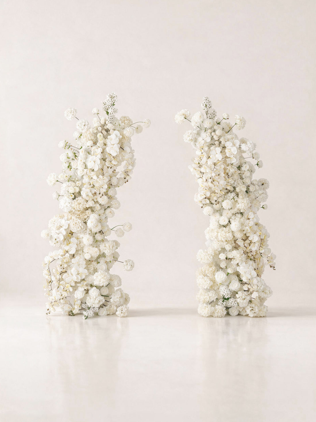 Mella: All White Silk Floral Ground Horn Arch Arrangement with Cascading Amaranthus Greenery for Romantic Minimalist Weddings &amp; Garden Event Decor Including Frame