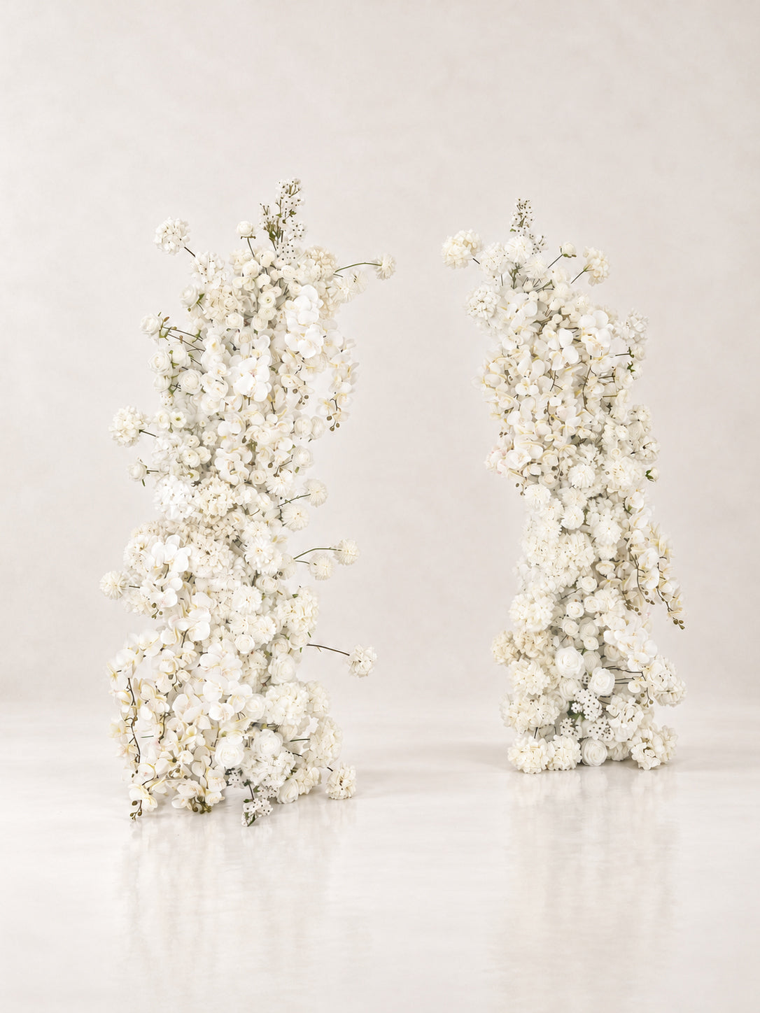 Mella: All White Silk Floral Ground Horn Arch Arrangement with Cascading Amaranthus Greenery for Romantic Minimalist Weddings &amp; Garden Event Decor Including Frame