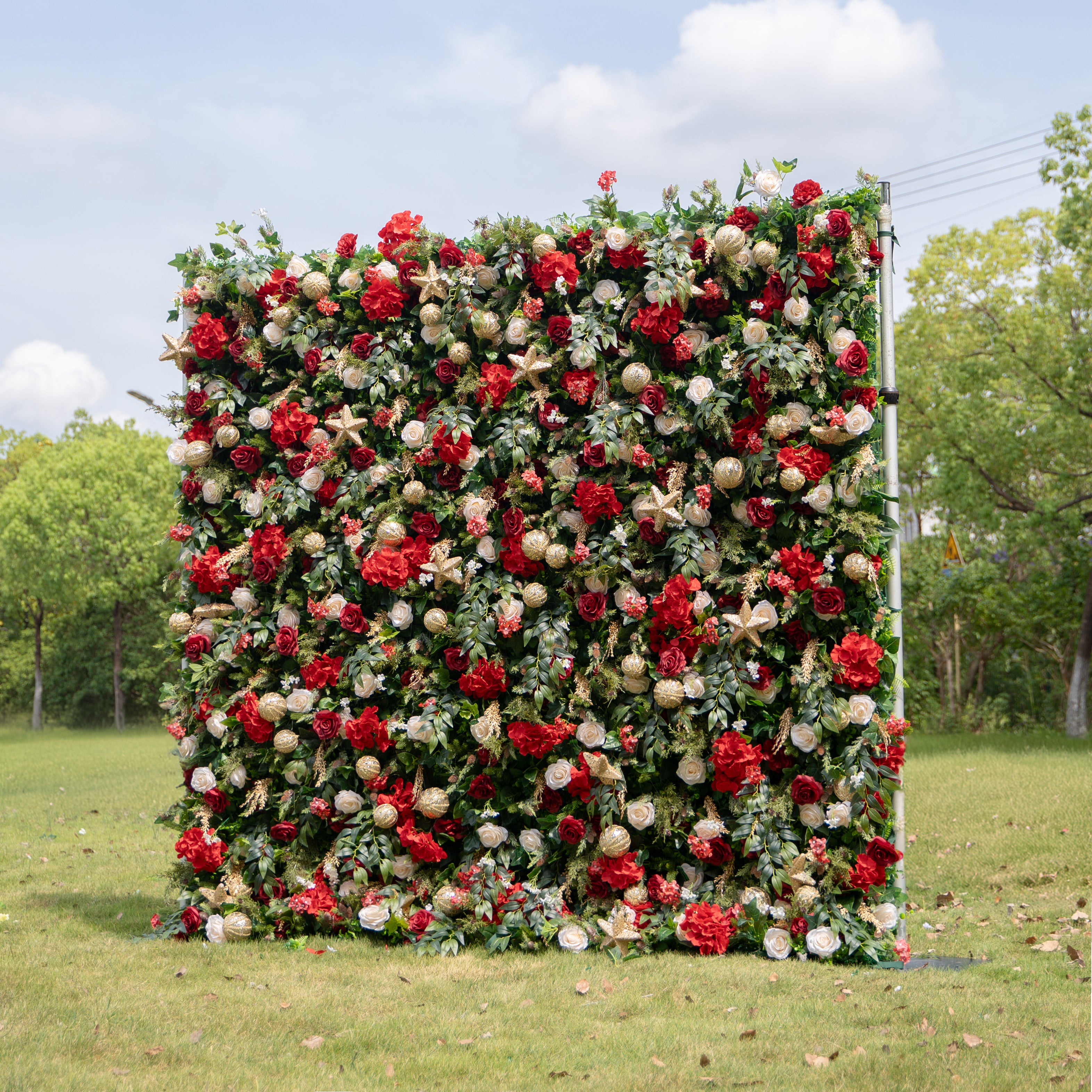 MC-4: Christmas Fabric Backdrop Artificial rolling up flower wall 8*8ft+Xmas Loose Flowers Rose Morning