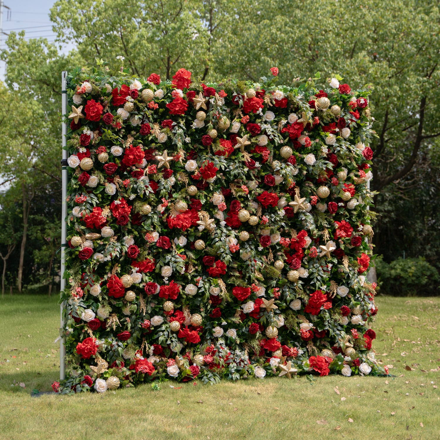 MC-4: Christmas Fabric Backdrop Artificial rolling up flower wall 8*8ft+Xmas Loose Flowers Rose Morning