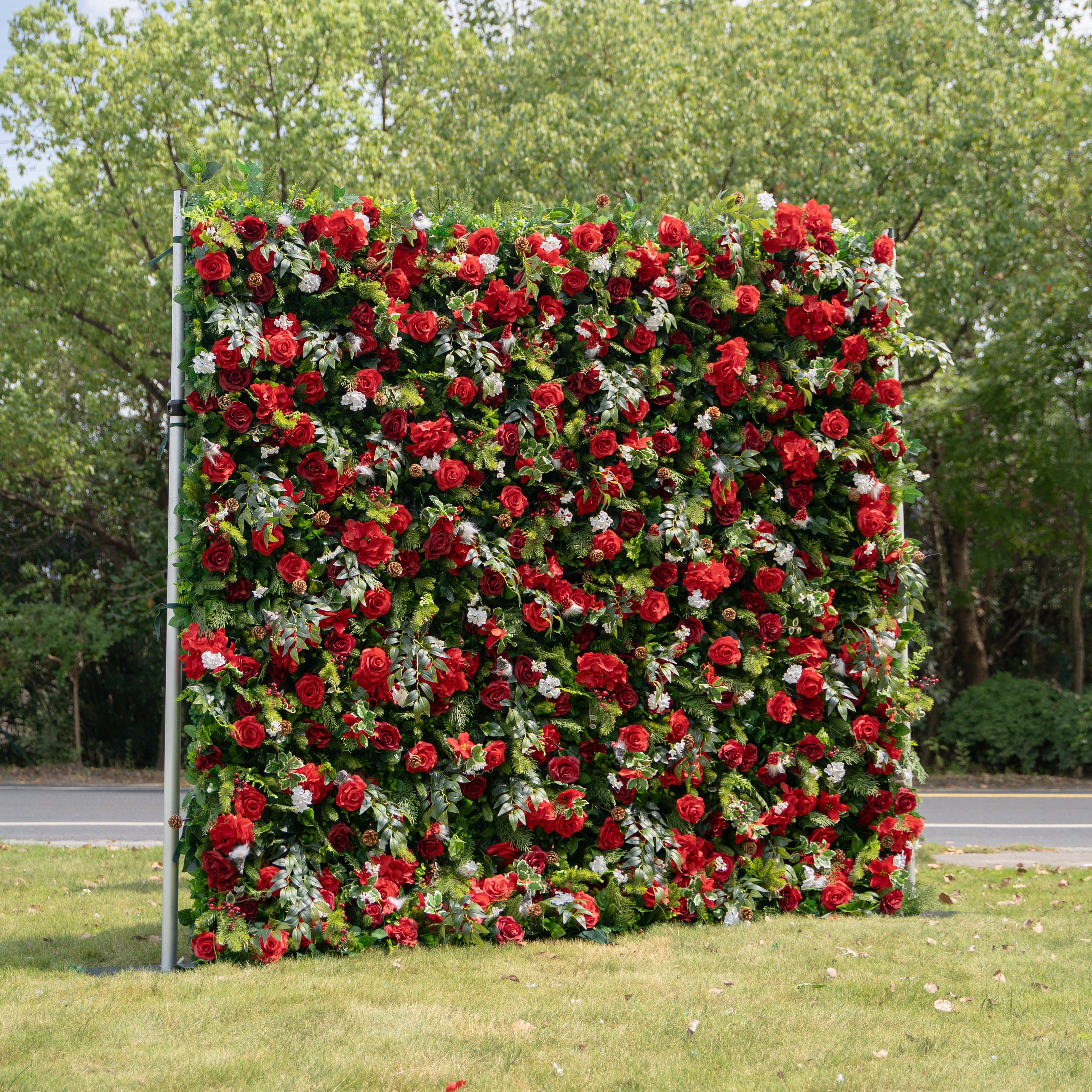 MC-A: Christmas Fabric Backdrop Artificial rolling up flower wall 4*8ft/8*8ft+Xmas Loose Flowers