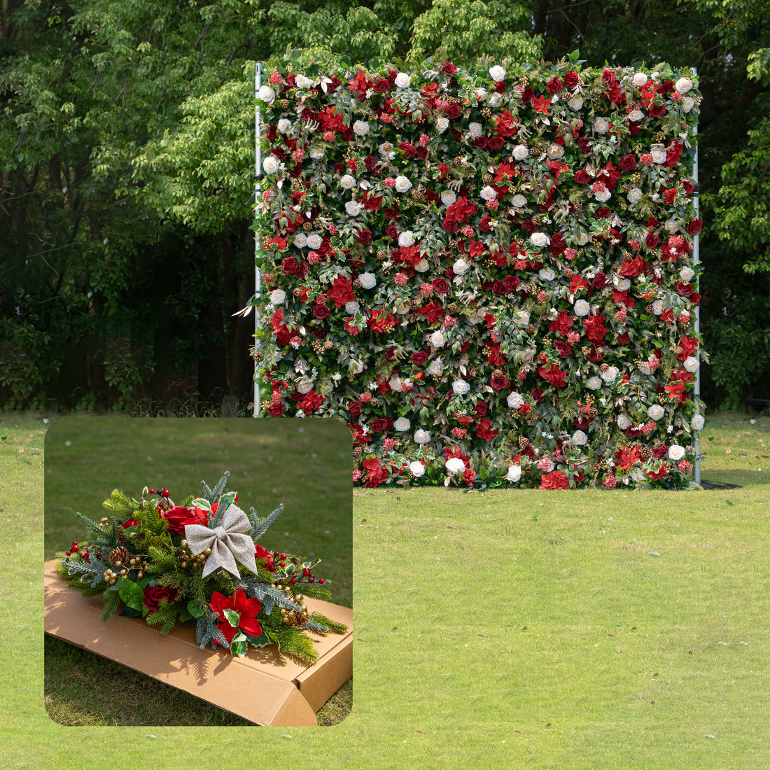 MC-D: Christmas Fabric Backdrop Artificial rolling up flower wall 8*8ft+Xmas Loose Flowers+ 1 Flower Wall Stand Rose Morning