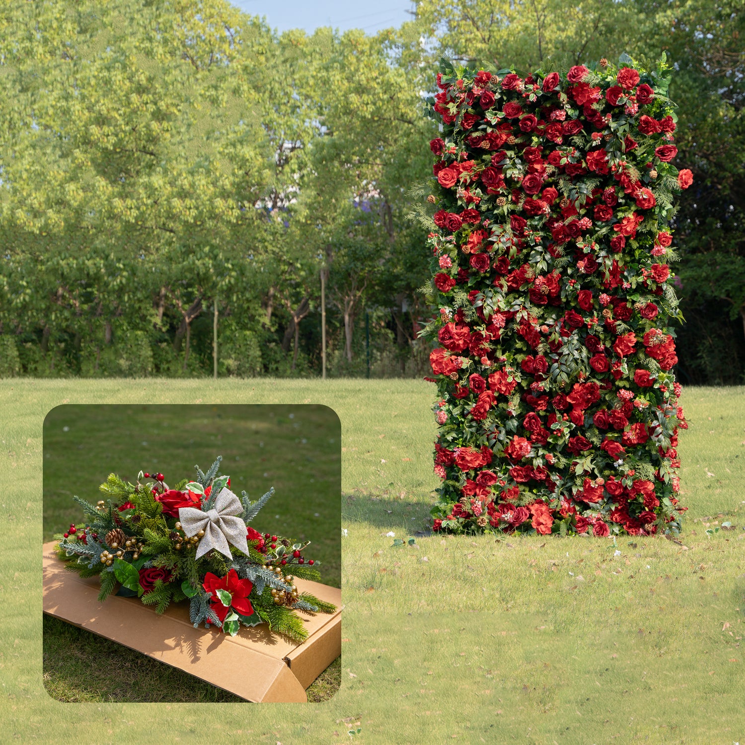 MC-1: Christmas Fabric Backdrop Artificial rolling up flower wall 4*8ft/8*8ft+Xmas Loose Flowers