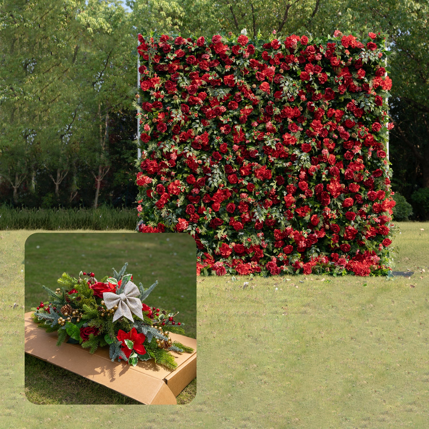 MC-1: Christmas Fabric Backdrop Artificial rolling up flower wall 4*8ft/8*8ft+Xmas Loose Flowers