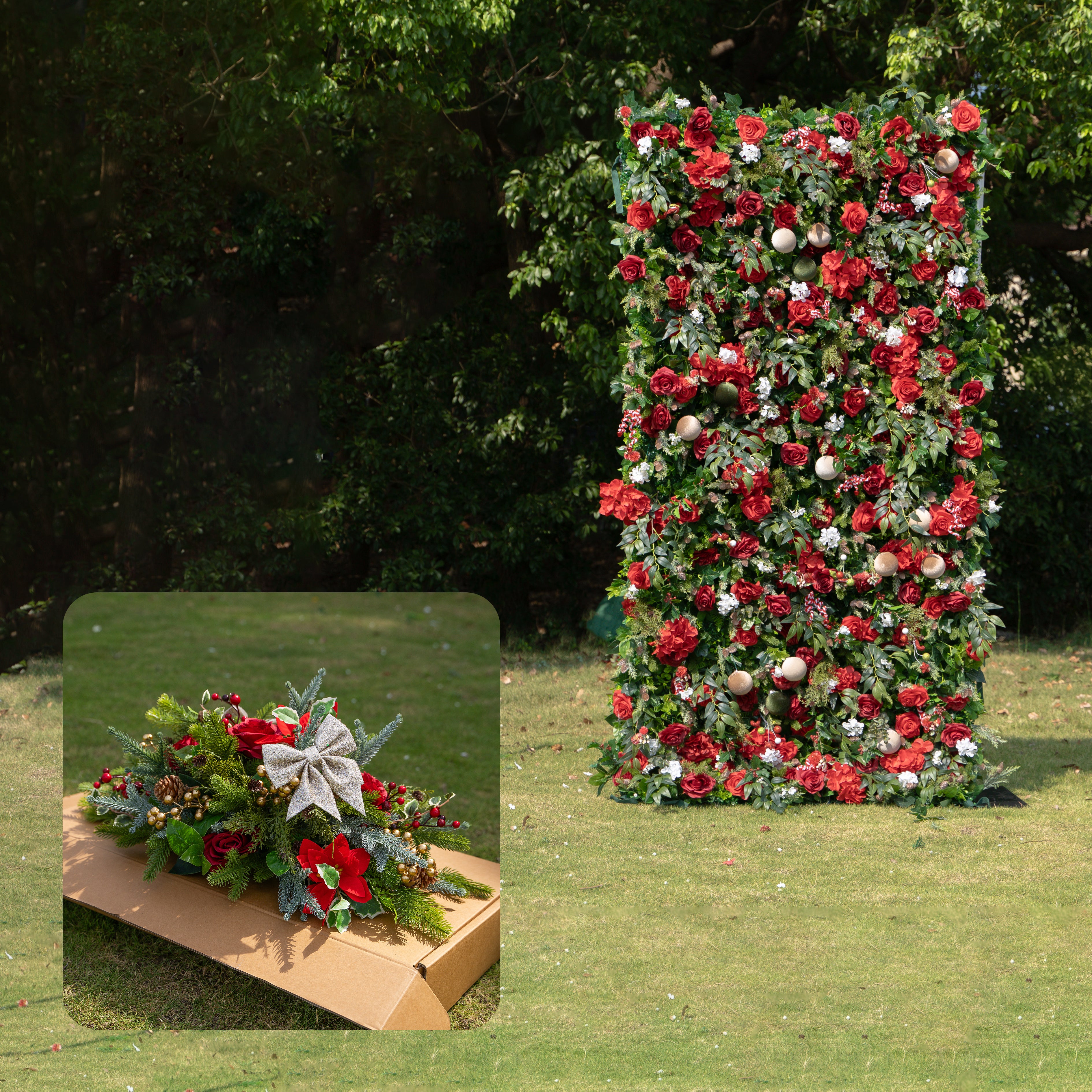 MC-3: Christmas Fabric Backdrop Artificial rolling up flower wall 4*8ft/8*8ft+Xmas Loose Flowers