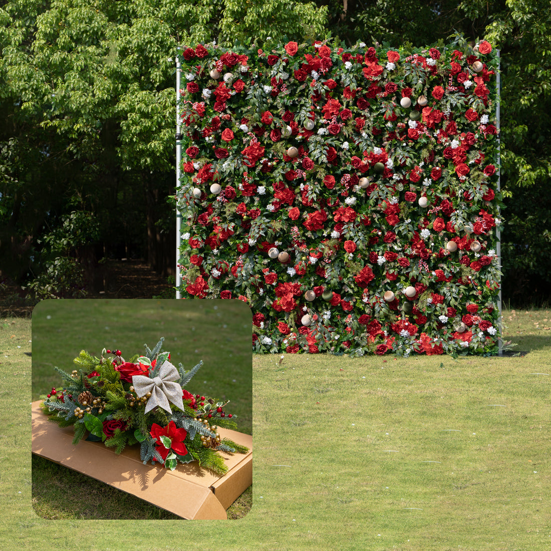 MC-3: Christmas Fabric Backdrop Artificial rolling up flower wall 4*8ft/8*8ft+Xmas Loose Flowers