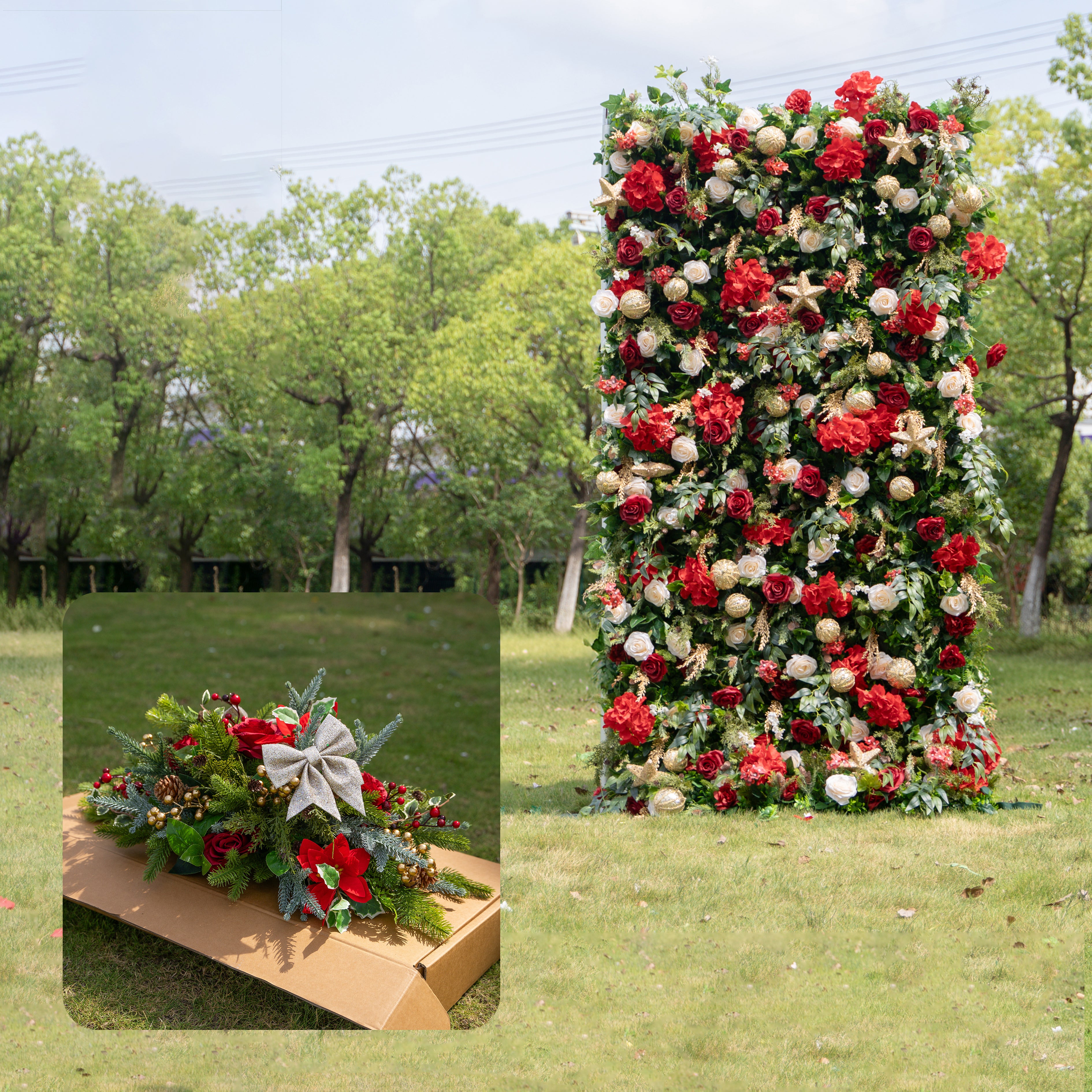 MC-4: Christmas Fabric Backdrop Artificial rolling up flower wall 8*8ft+Xmas Loose Flowers Rose Morning