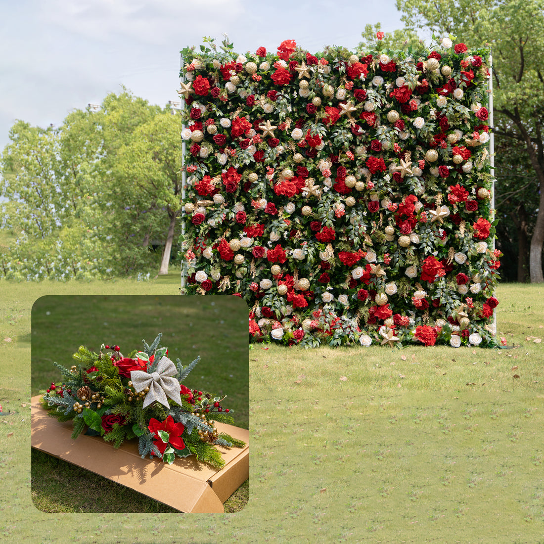 MC-4: Christmas Fabric Backdrop Artificial rolling up flower wall 8*8ft+Xmas Loose Flowers Rose Morning