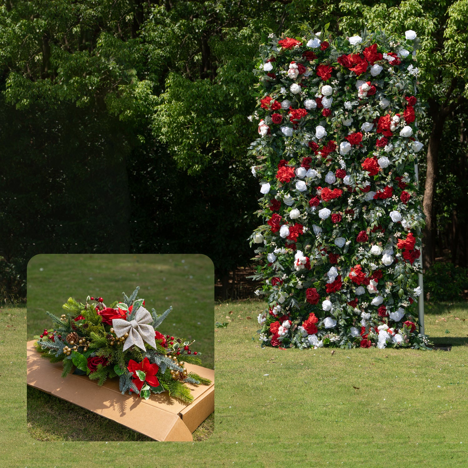 MC-5: Christmas Fabric Backdrop Artificial rolling up flower wall 4*8ft/8*8ft+Xmas Loose Flowers