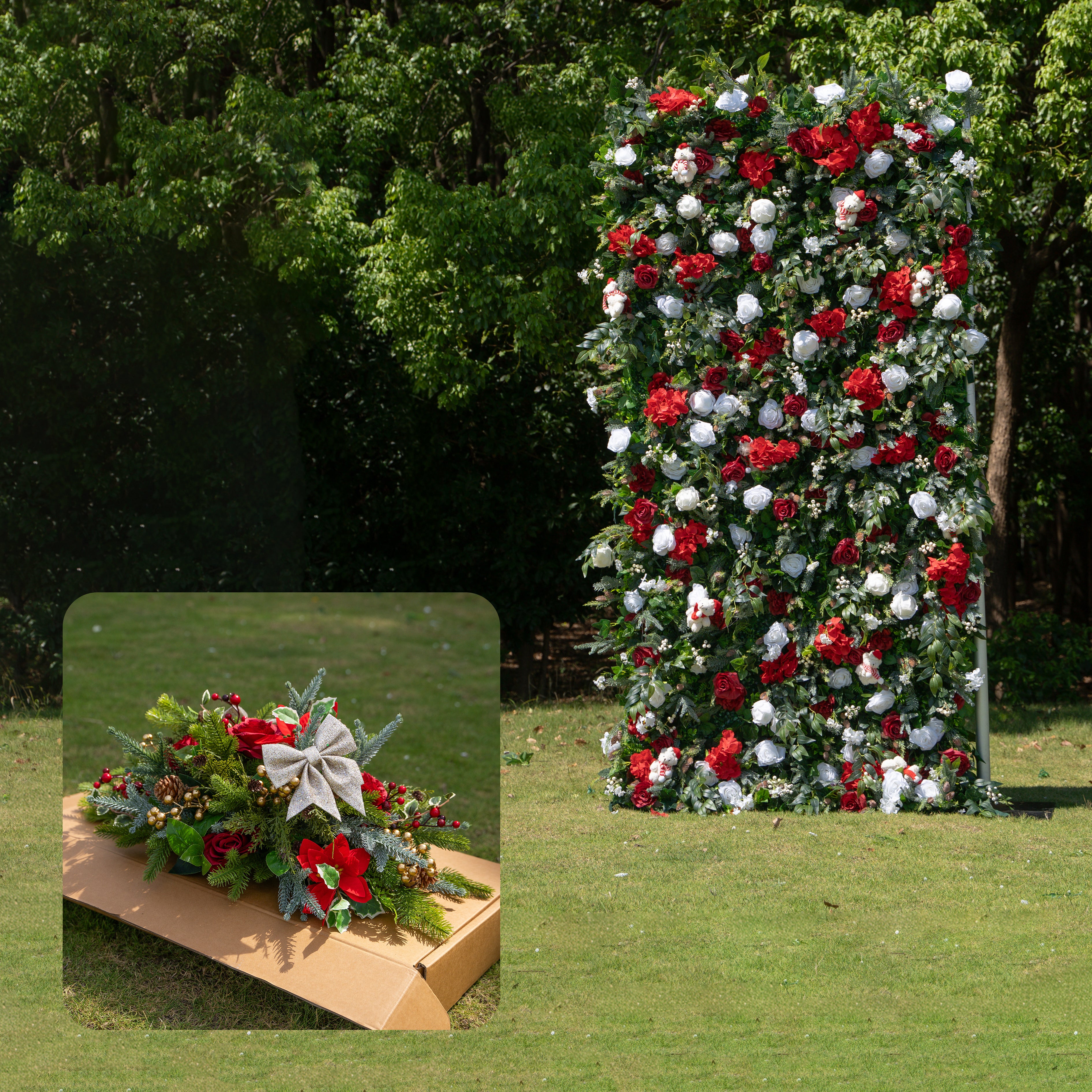 MC-5: Christmas Fabric Backdrop Artificial rolling up flower wall 4*8ft/8*8ft+Xmas Loose Flowers