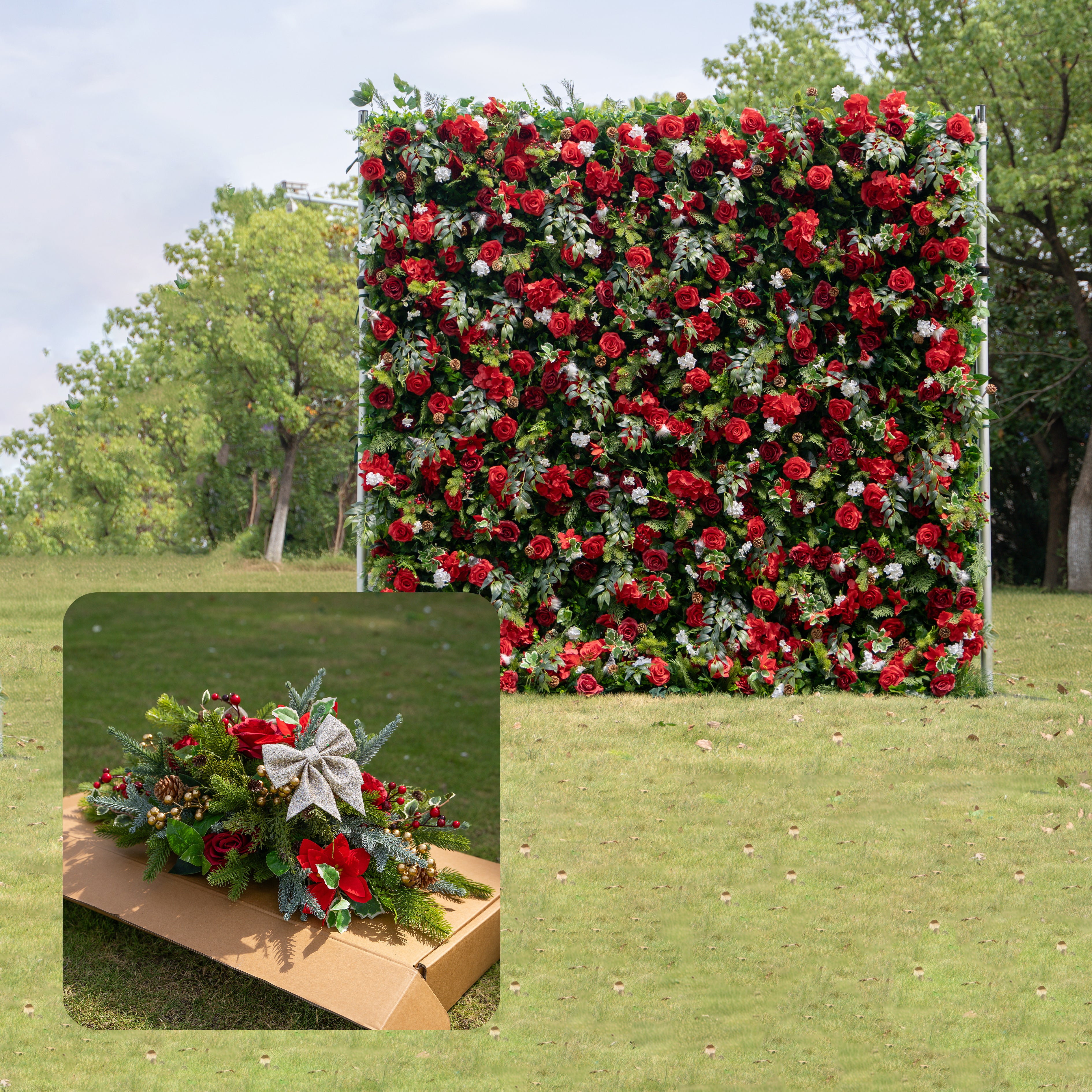 MC-A: Christmas Fabric Backdrop Artificial rolling up flower wall 4*8ft/8*8ft+Xmas Loose Flowers