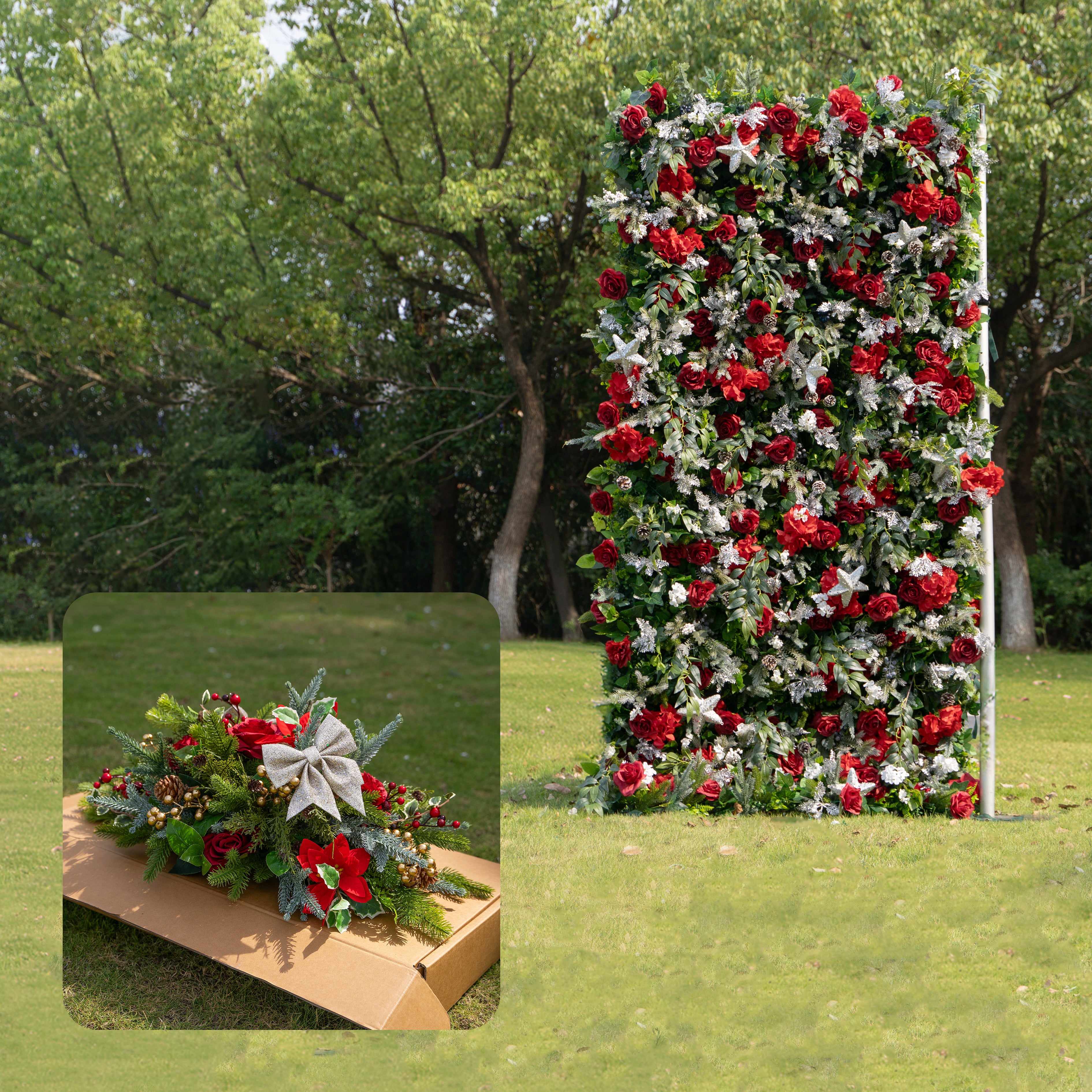 MC-B: Christmas Fabric Backdrop Artificial rolling up flower wall 4*8ft+Xmas Loose Flowers+ 1 Flower Wall Stand Rose Morning