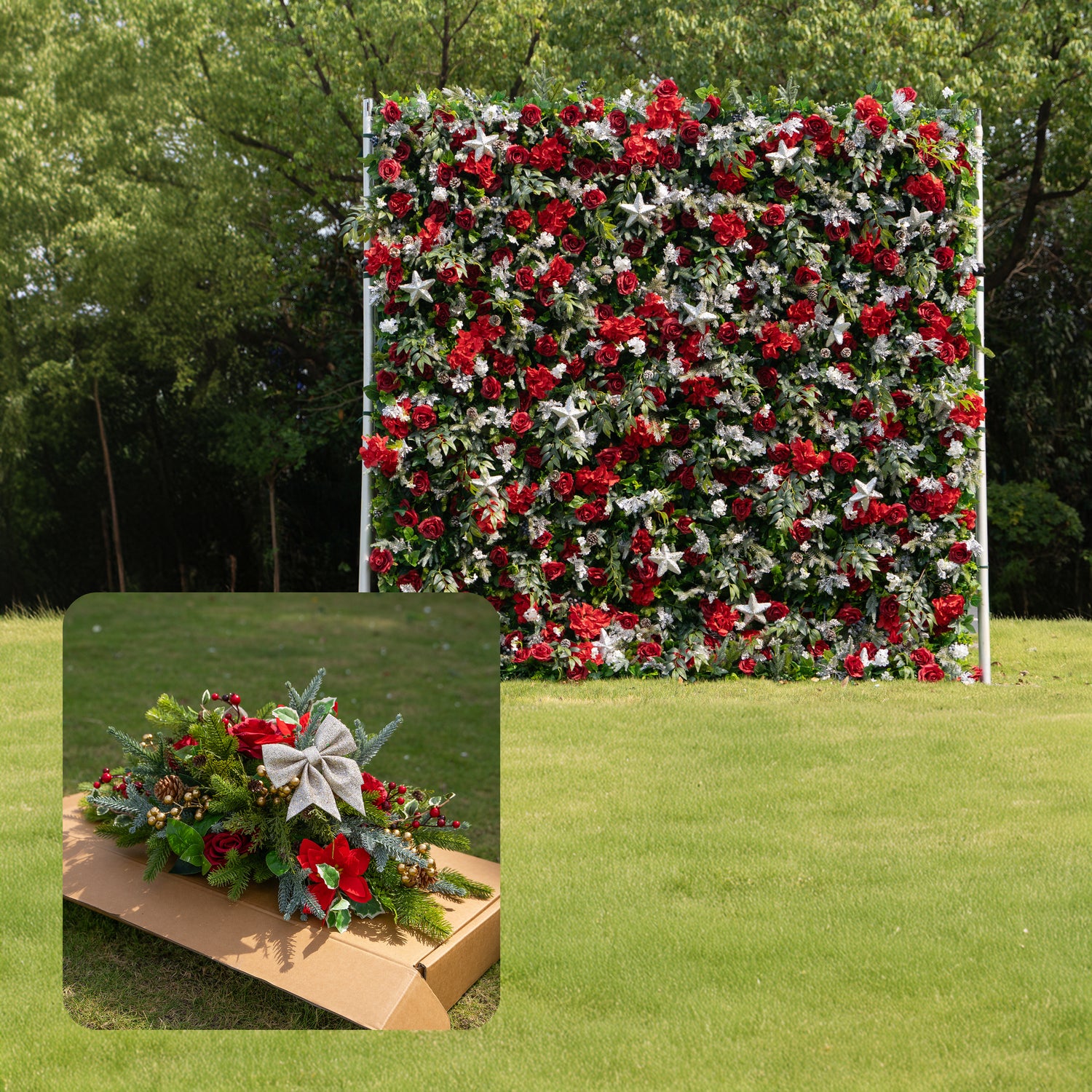 MC-B: Christmas Fabric Backdrop Artificial rolling up flower wall 4*8ft+Xmas Loose Flowers+ 1 Flower Wall Stand Rose Morning