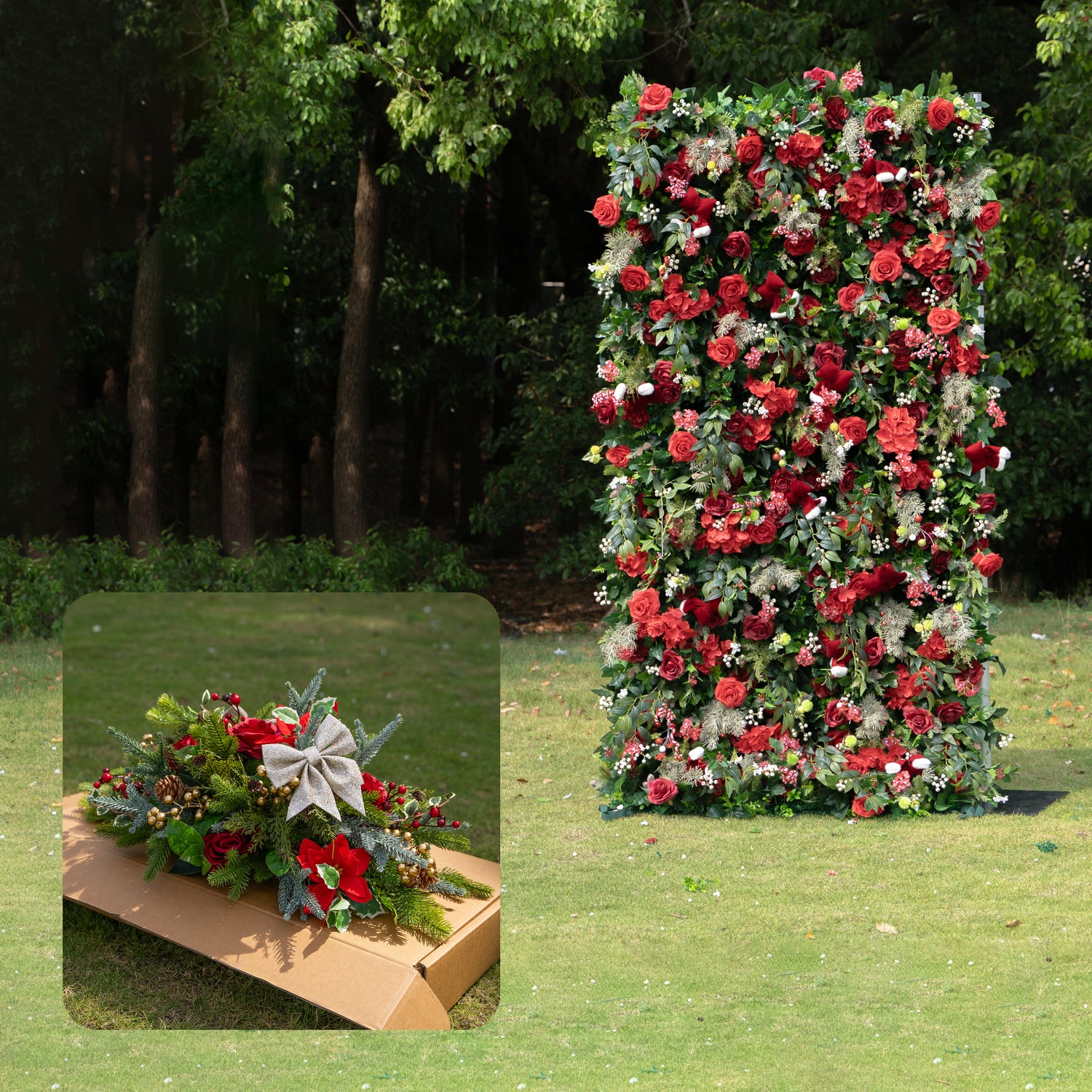 MC-C: Christmas Fabric Backdrop Artificial rolling up flower wall 4*8ft/8*8ft+Xmas Loose Flowers