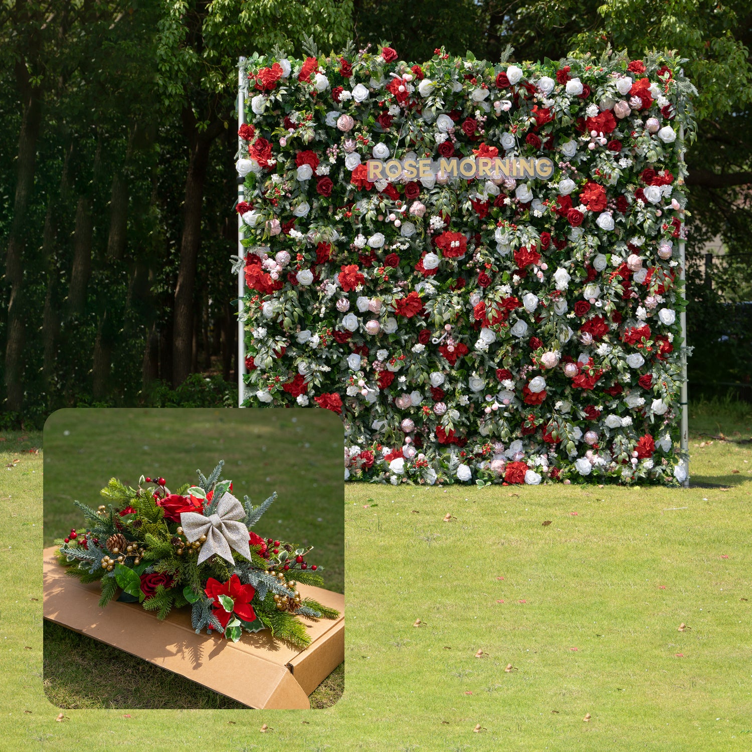 MC-E: Christmas Fabric Backdrop Artificial rolling up flower wall 8*8ft+Xmas Loose Flowers (Ready to ship) Rose Morning