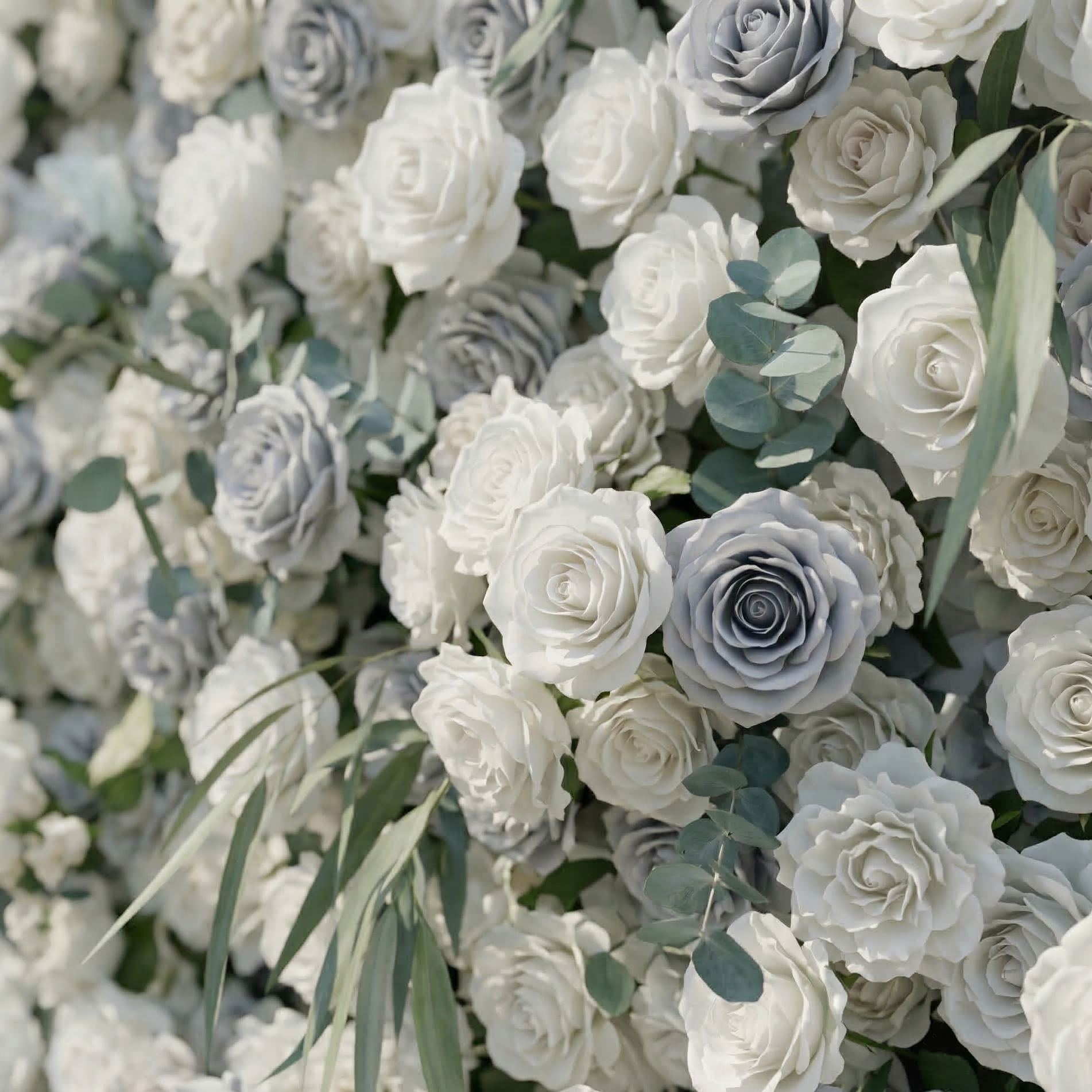 Mireli: 5D Dusty Blue and Ivory Silk Rose Flower Wall Roll-Up Fabric Backdrop for Elegant Weddings &amp; Events