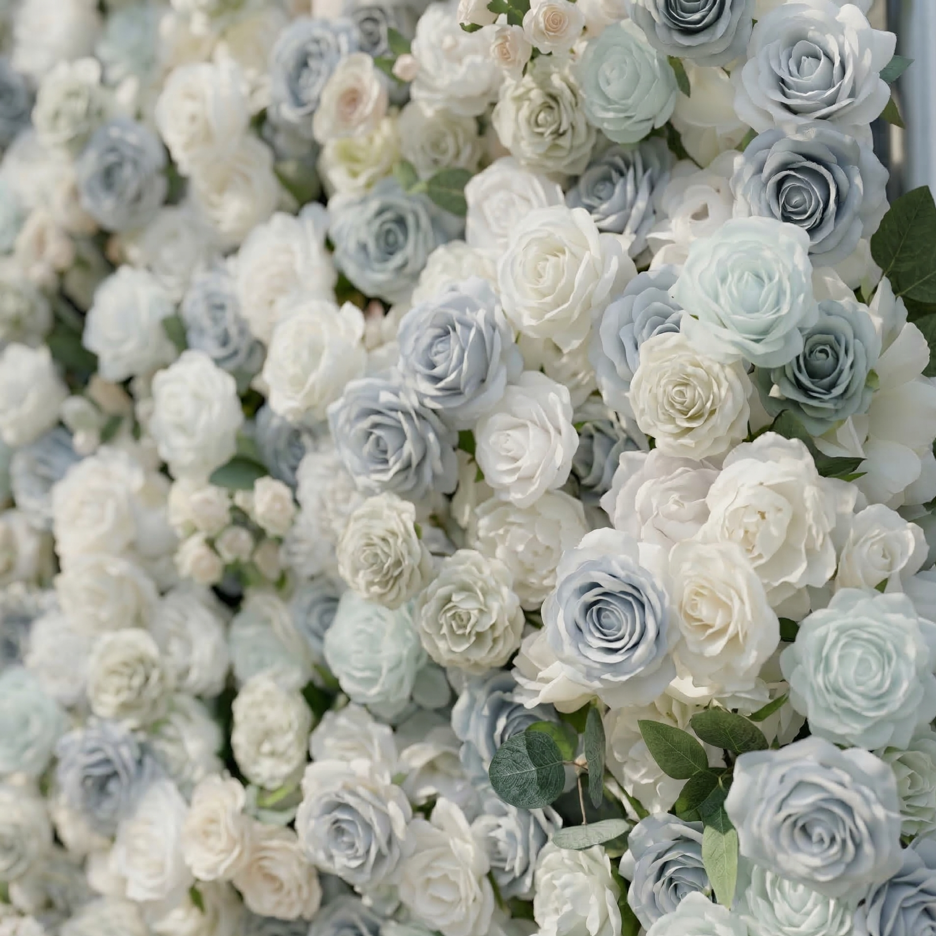 Mireli: 5D Dusty Blue and Ivory Silk Rose Flower Wall Roll-Up Fabric Backdrop for Elegant Weddings &amp; Events