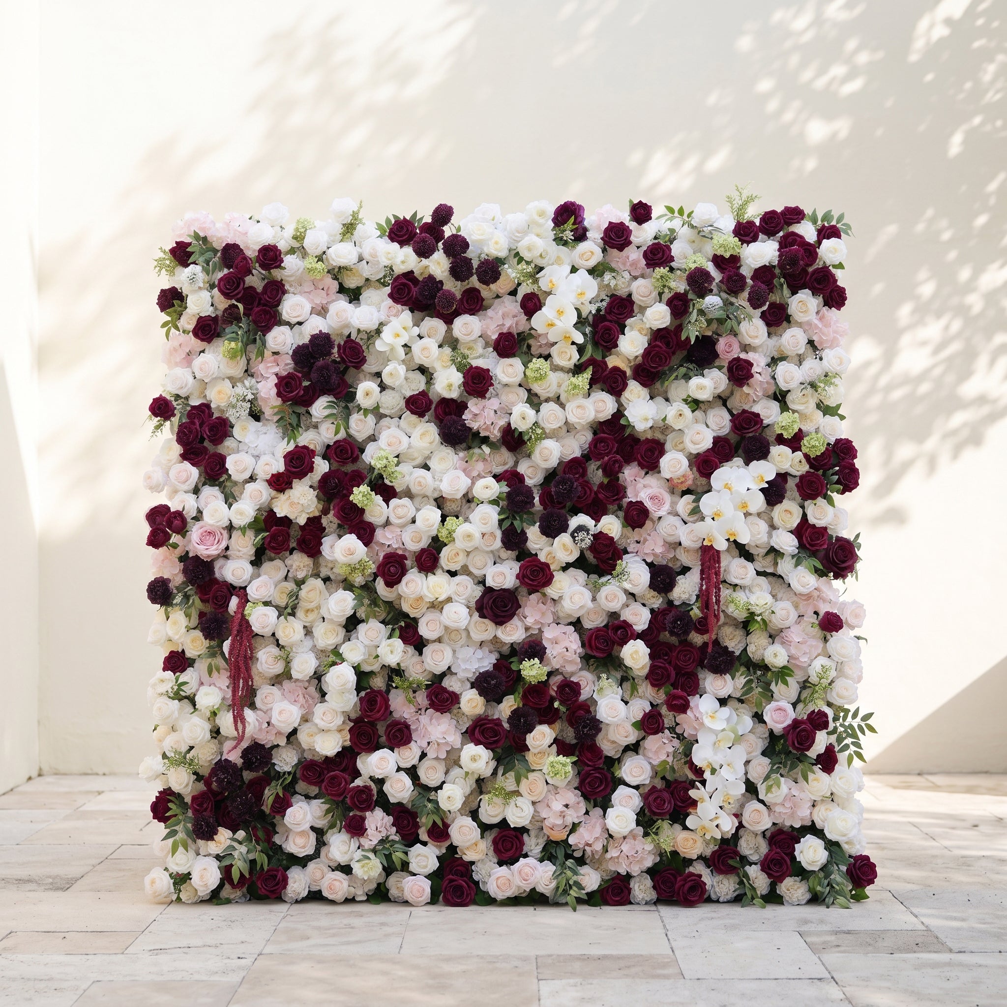 Mirenorae: Luxury 5D Burgundy Red &amp; Ivory White Silk Floral Wall Roll-Up Fabric Backdrop for Grand Weddings