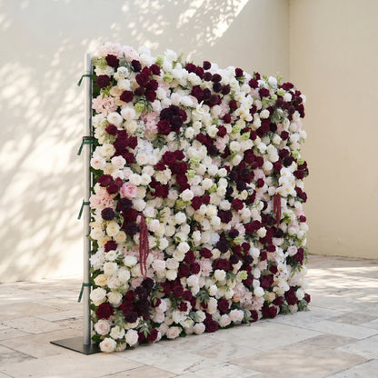 Mirenorae: Luxury 5D Burgundy Red &amp; Ivory White Silk Floral Wall Roll-Up Fabric Backdrop for Grand Weddings