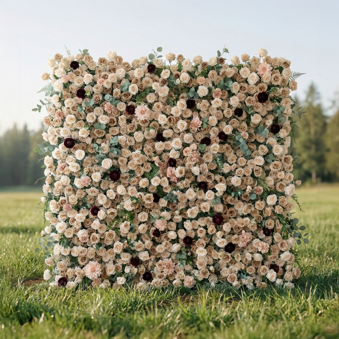 Mireya: 5D Elegant Champagne &amp; Burgundy Silk Rose Flower Wall Roll-Up Fabric Backdrop for Luxury Weddings &amp; Garden Parties