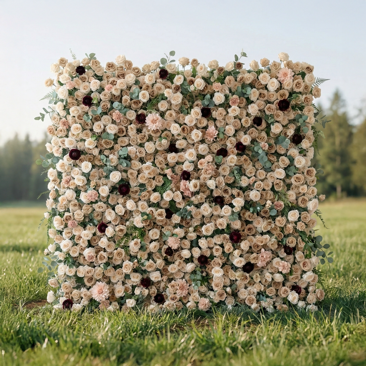 Mireya: 5D Elegant Champagne & Burgundy Silk Rose Flower Wall Roll-Up Fabric Backdrop for Luxury Weddings & Garden Parties