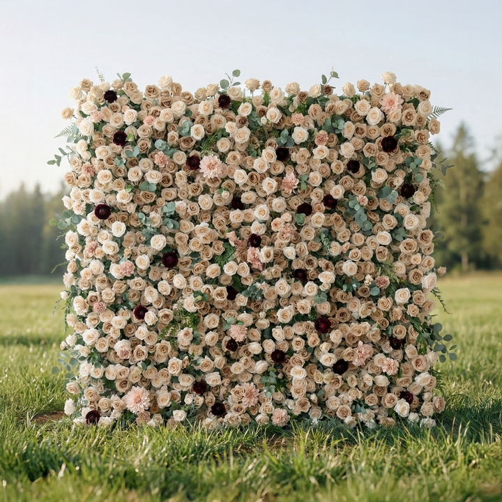 Mireya: 5D Elegant Champagne & Burgundy Silk Rose Flower Wall Roll-Up Fabric Backdrop for Luxury Weddings & Garden Parties