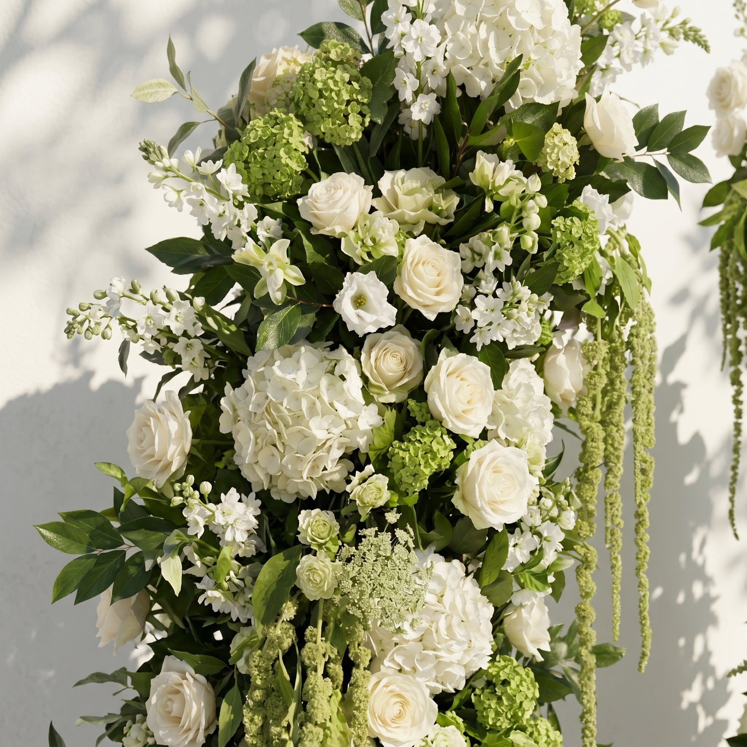 Mirie: Luxury Ivory White &amp; Fresh Green Silk Floral Ground Horn Arch Arrangement with Cascading Amaranthus Greenery for Romantic Minimalist Weddings &amp; Garden Event Decor Including Frame