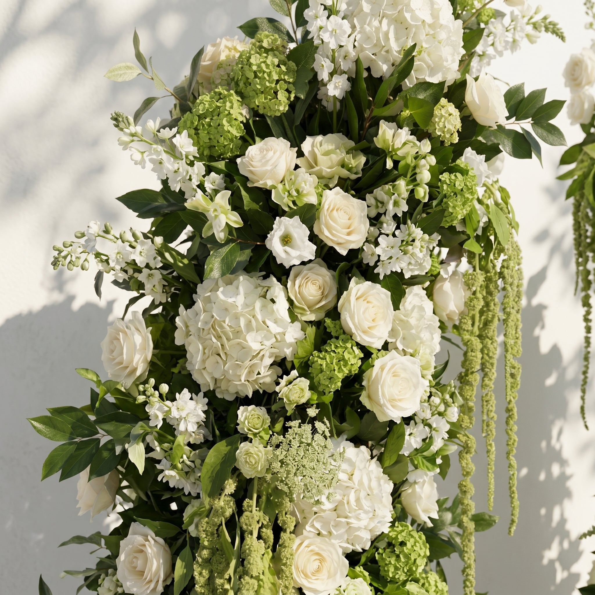 Mirie: Luxury Ivory White &amp; Fresh Green Silk Floral Ground Horn Arch Arrangement with Cascading Amaranthus Greenery for Romantic Minimalist Weddings &amp; Garden Event Decor Including Frame