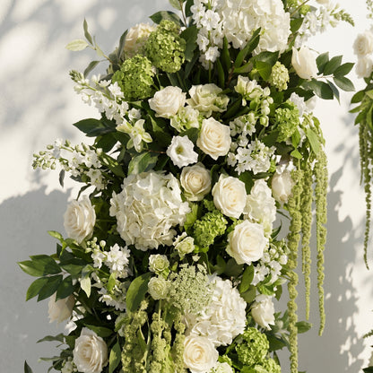 Mirie: Luxury Ivory White &amp; Fresh Green Silk Floral Ground Horn Arch Arrangement with Cascading Amaranthus Greenery for Romantic Minimalist Weddings &amp; Garden Event Decor Including Frame