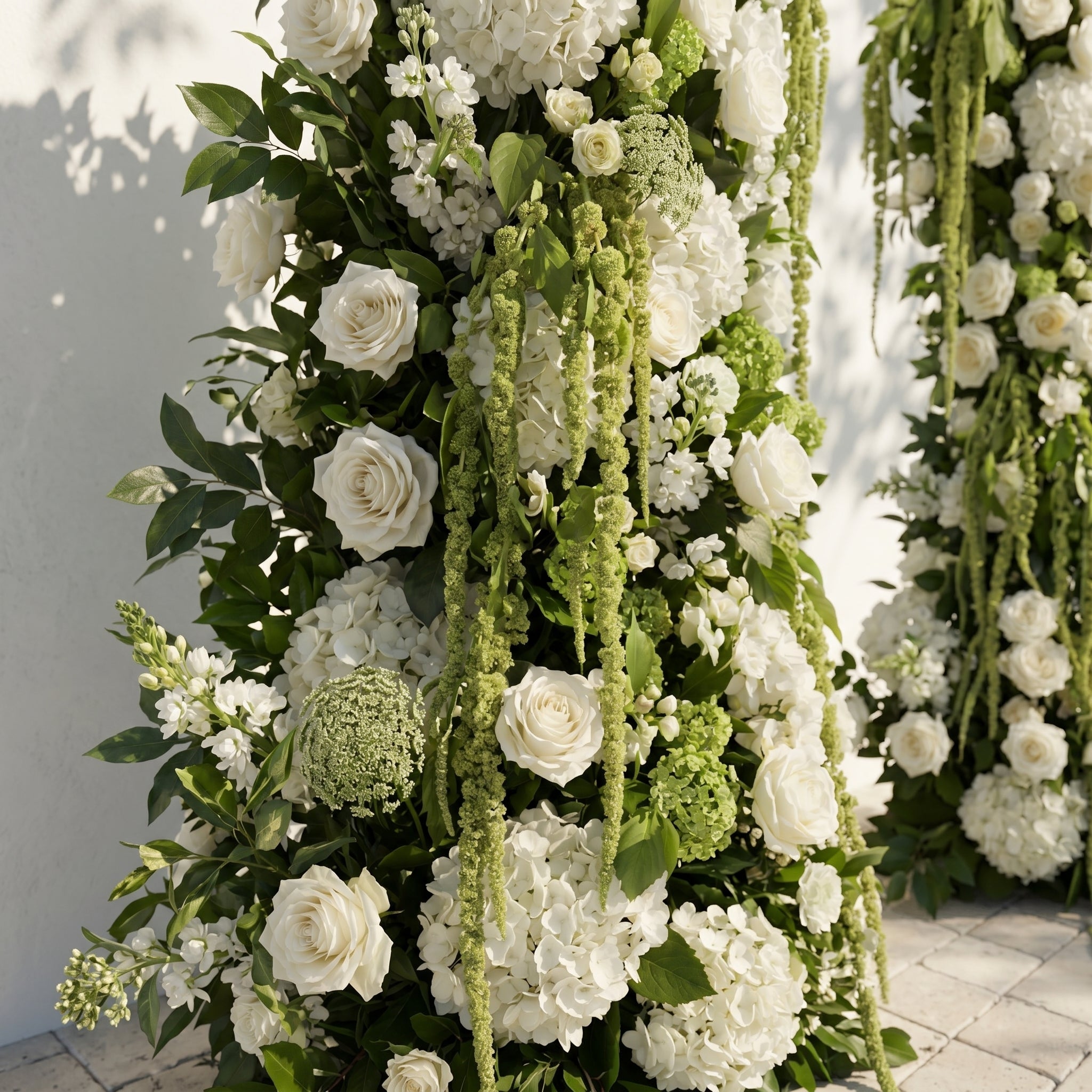 Mirie: Luxury Ivory White &amp; Fresh Green Silk Floral Ground Horn Arch Arrangement with Cascading Amaranthus Greenery for Romantic Minimalist Weddings &amp; Garden Event Decor Including Frame