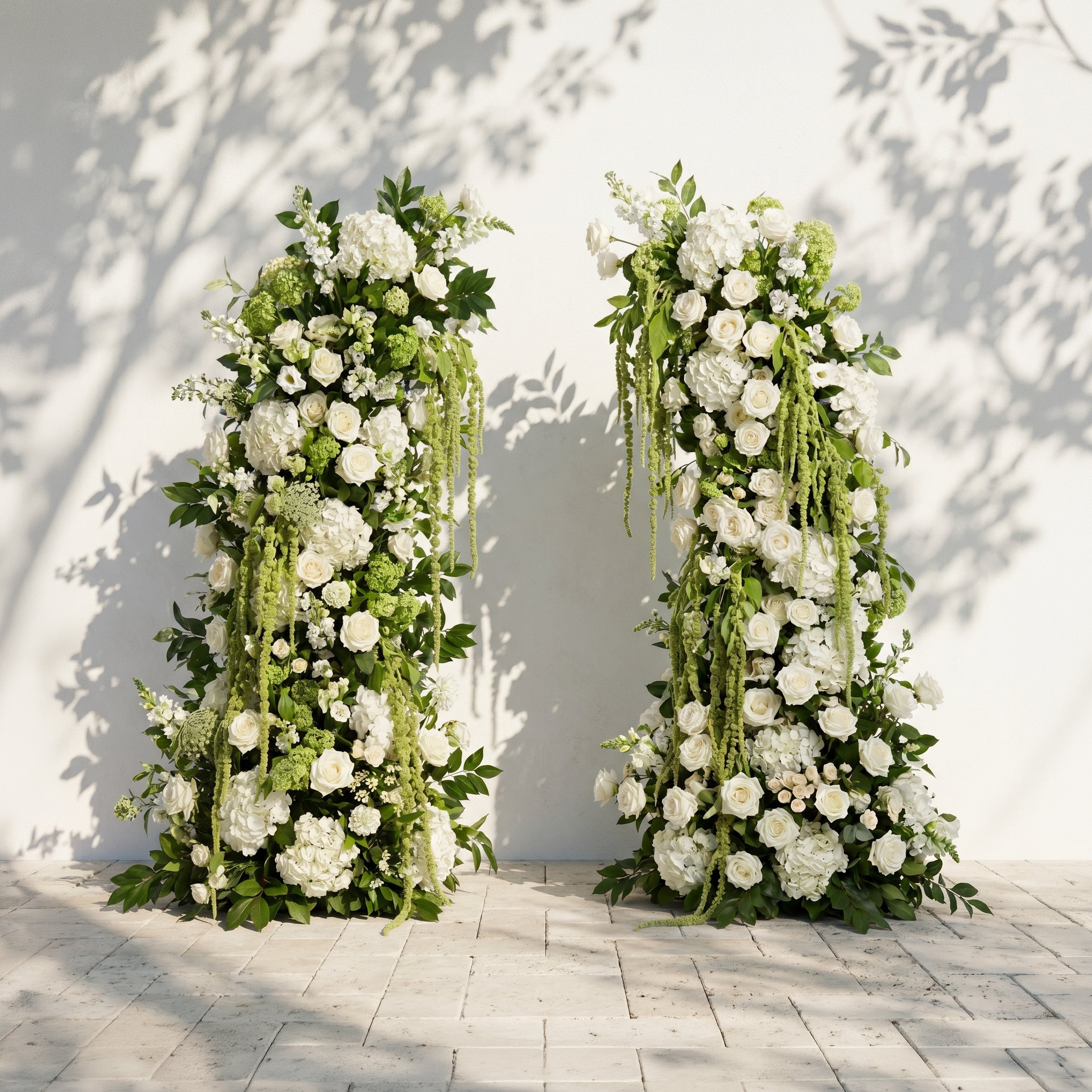Mirie: Luxury Ivory White &amp; Fresh Green Silk Floral Ground Horn Arch Arrangement with Cascading Amaranthus Greenery for Romantic Minimalist Weddings &amp; Garden Event Decor Including Frame