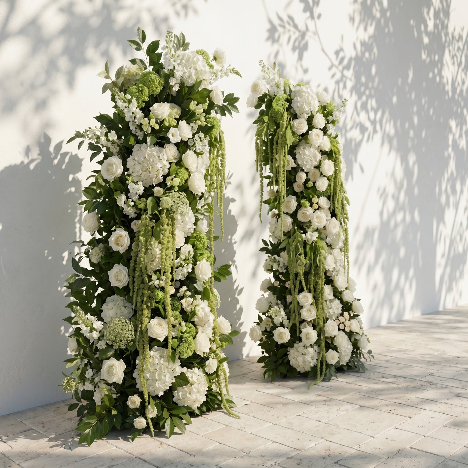 Mirie: Luxury Ivory White &amp; Fresh Green Silk Floral Ground Horn Arch Arrangement with Cascading Amaranthus Greenery for Romantic Minimalist Weddings &amp; Garden Event Decor Including Frame