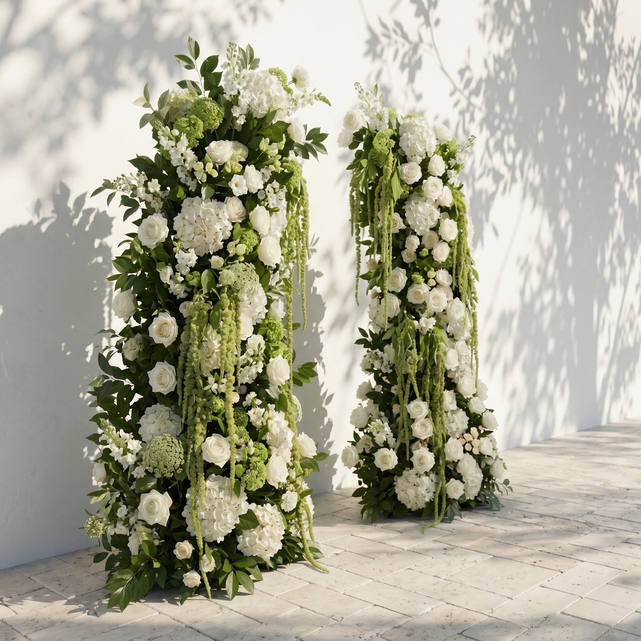 Mirie: Luxury Ivory White &amp; Fresh Green Silk Floral Ground Horn Arch Arrangement with Cascading Amaranthus Greenery for Romantic Minimalist Weddings &amp; Garden Event Decor Including Frame