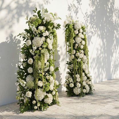 Mirie: Luxury Ivory White &amp; Fresh Green Silk Floral Ground Horn Arch Arrangement with Cascading Amaranthus Greenery for Romantic Minimalist Weddings &amp; Garden Event Decor Including Frame