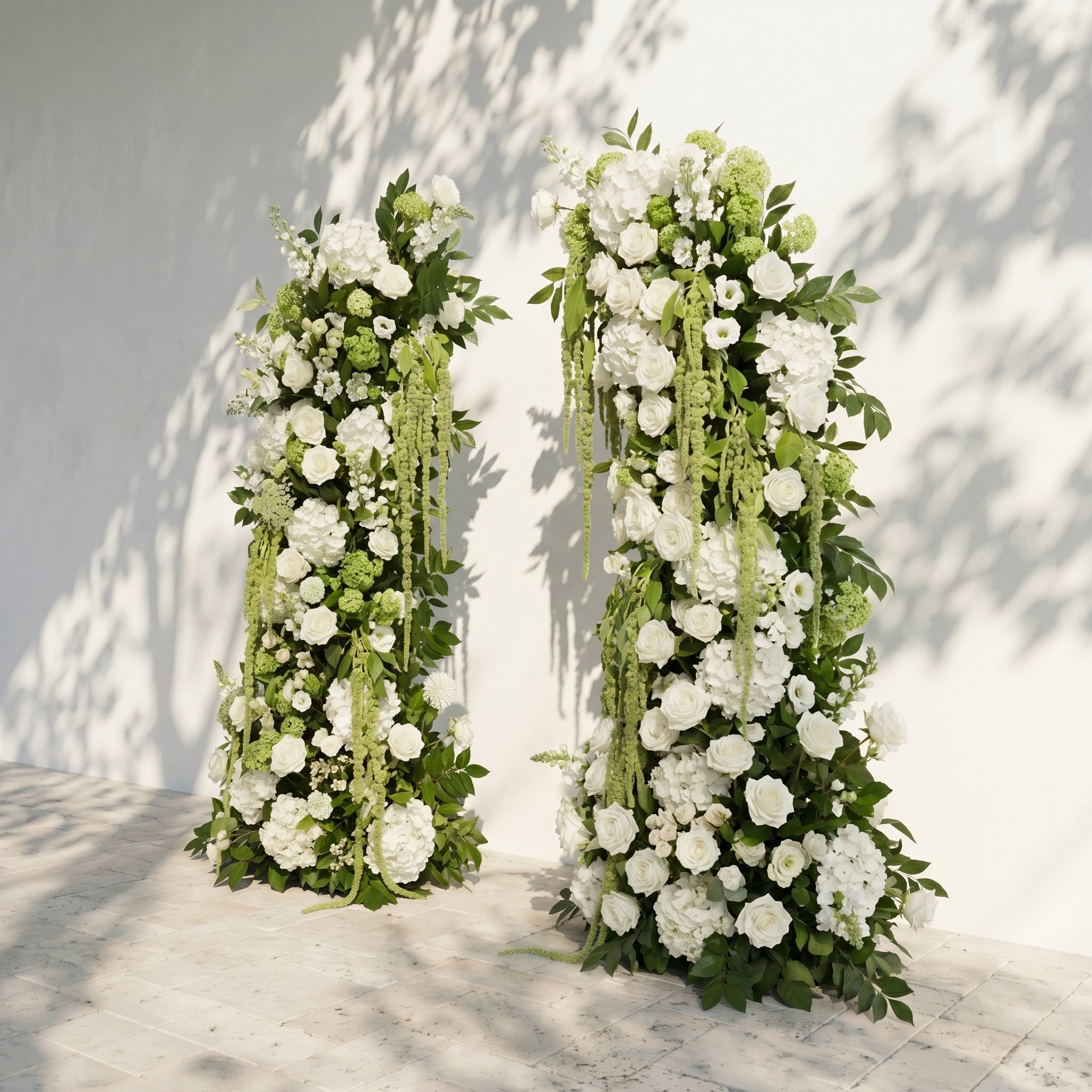 Mirie: Luxury Ivory White &amp; Fresh Green Silk Floral Ground Horn Arch Arrangement with Cascading Amaranthus Greenery for Romantic Minimalist Weddings &amp; Garden Event Decor Including Frame