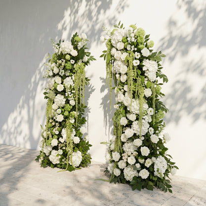Mirie: Luxury Ivory White &amp; Fresh Green Silk Floral Ground Horn Arch Arrangement with Cascading Amaranthus Greenery for Romantic Minimalist Weddings &amp; Garden Event Decor Including Frame